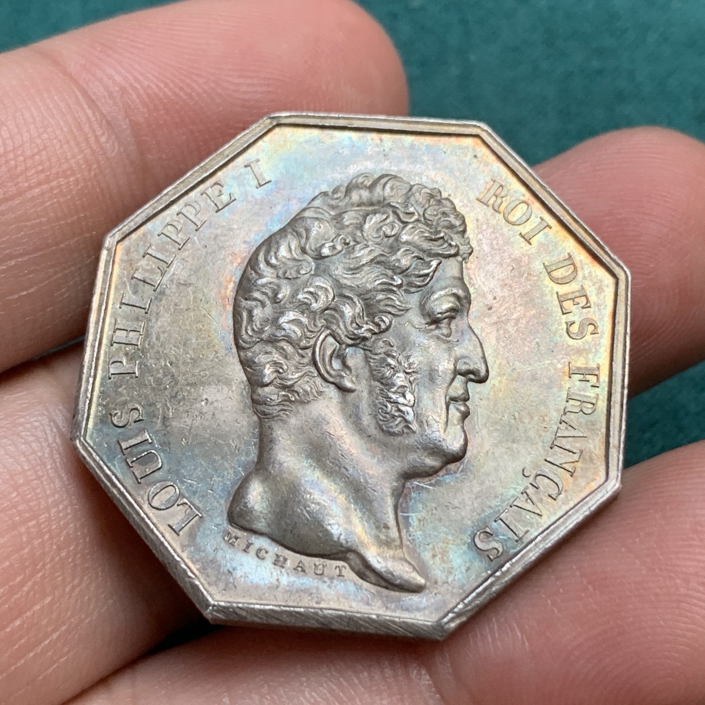 《竞宝斋》八角代币+章牌专场！第182场-周日，周一，周二 3场 (全场包邮) 法国 菲利普头像 巴黎公证人 银质八角代币，18.87克 32.5毫米神灯边铭（1832-1841）金黄包浆