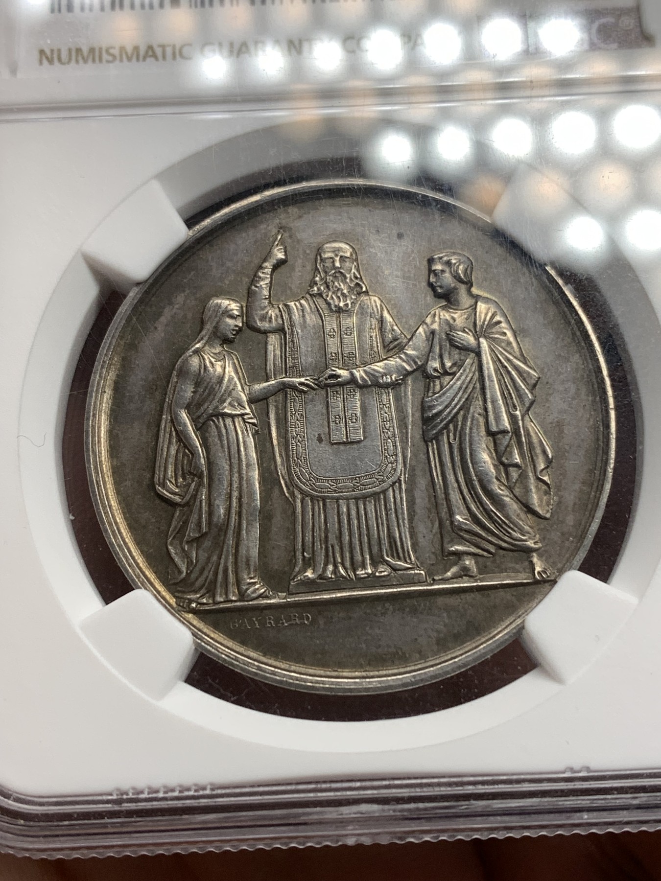 《竞宝斋》八角代币+章牌专场！第182场-周日，周一，周二 3场 (全场包邮) NGC MS62 法国 少见版 大型婚章 背面带花体刻字 非常不错