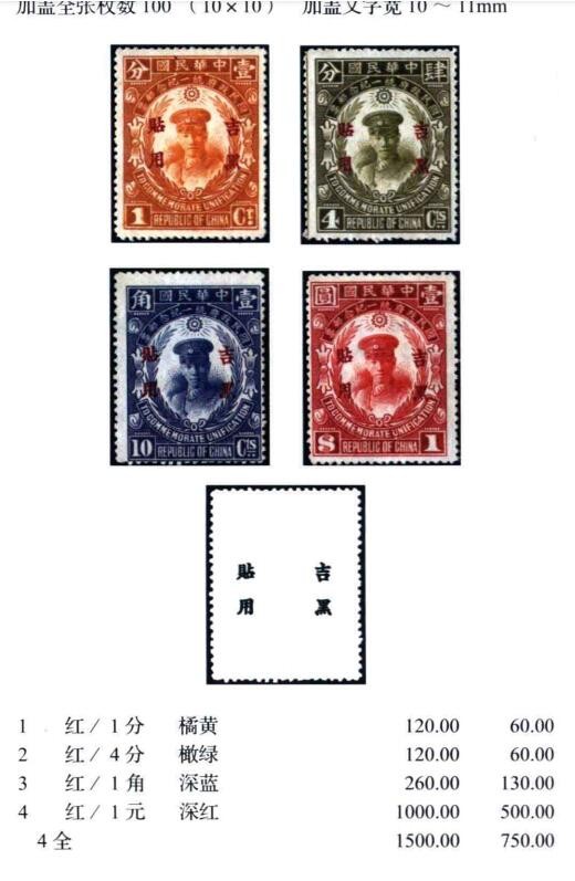 洪涛臻品批发群 精选邮票限时拍卖第三百三十二期   吉黑纪2 国民政府统一纪念新票 原胶润亮无贴!【图3: 新票价120元/枚, 发行量46万枚很少!】近百年后,如今还如此原胶润无贴的十分难得！