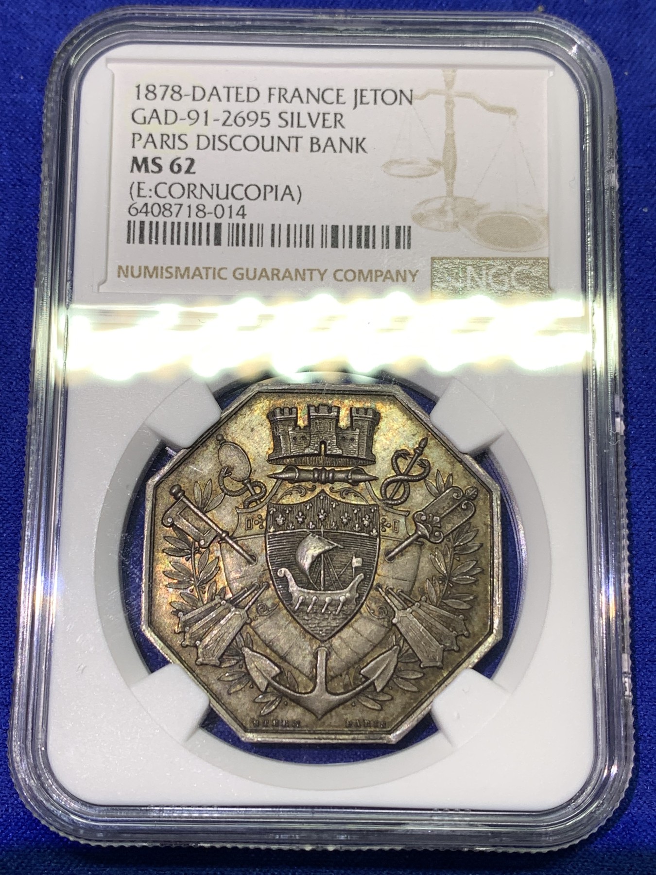 《竞宝斋》八角代币+章牌专场！第182场-周日，周一，周二 3场 (全场包邮) NGC-MS62 法国巴黎贴现银行JETON银质八角代币，层次分明的设计，金黄包浆