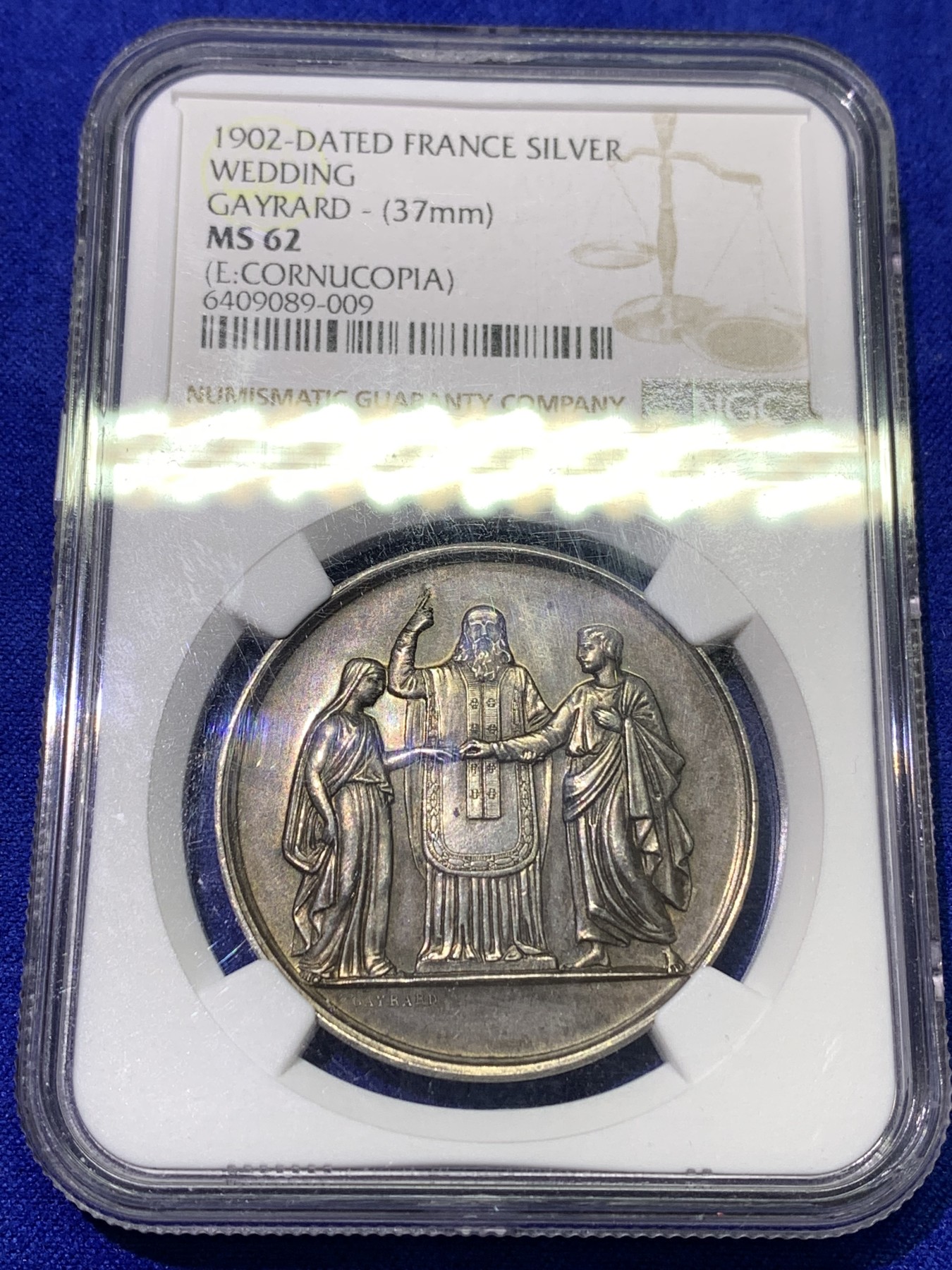 《竞宝斋》八角代币+章牌专场！第182场-周日，周一，周二 3场 (全场包邮) NGC MS62 法国 少见版 大型婚章 背面带花体刻字 非常不错