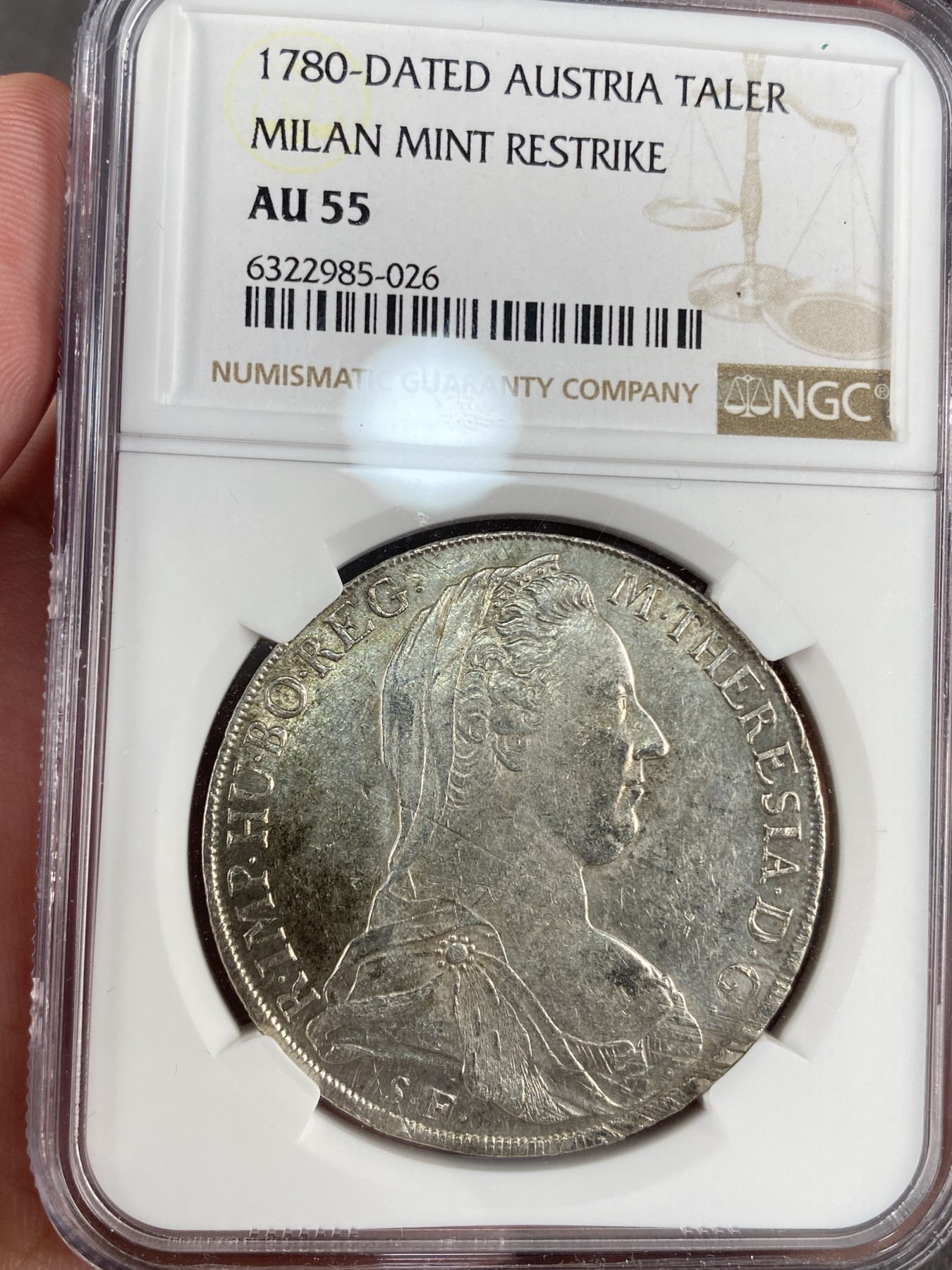 万国钱币拍卖第012期（视频直播专场） NGC AU55 奥地利1780大奶妈1泰勒银币，米兰版，1820年左右铸造。