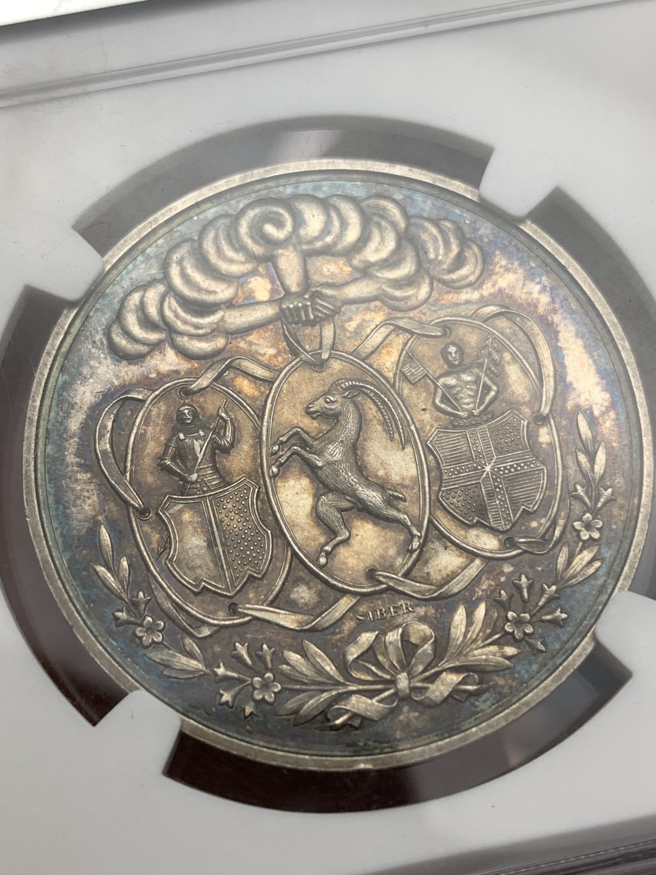 《竞宝斋》八角代币+章牌专场！第182场-周日，周一，周二 3场 (全场包邮)  NGC-MS61 1862 瑞士音乐节 纪念银章 包浆不错 背面绝了