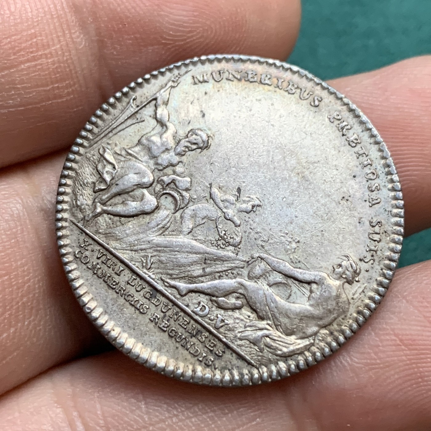 《竞宝斋》八角代币+章牌专场！第182场-周日，周一，周二 3场 (全场包邮) 法国18世纪里昂商会jeton银质代币，罗纳河和索恩河之神，9.14g，30.5mm，