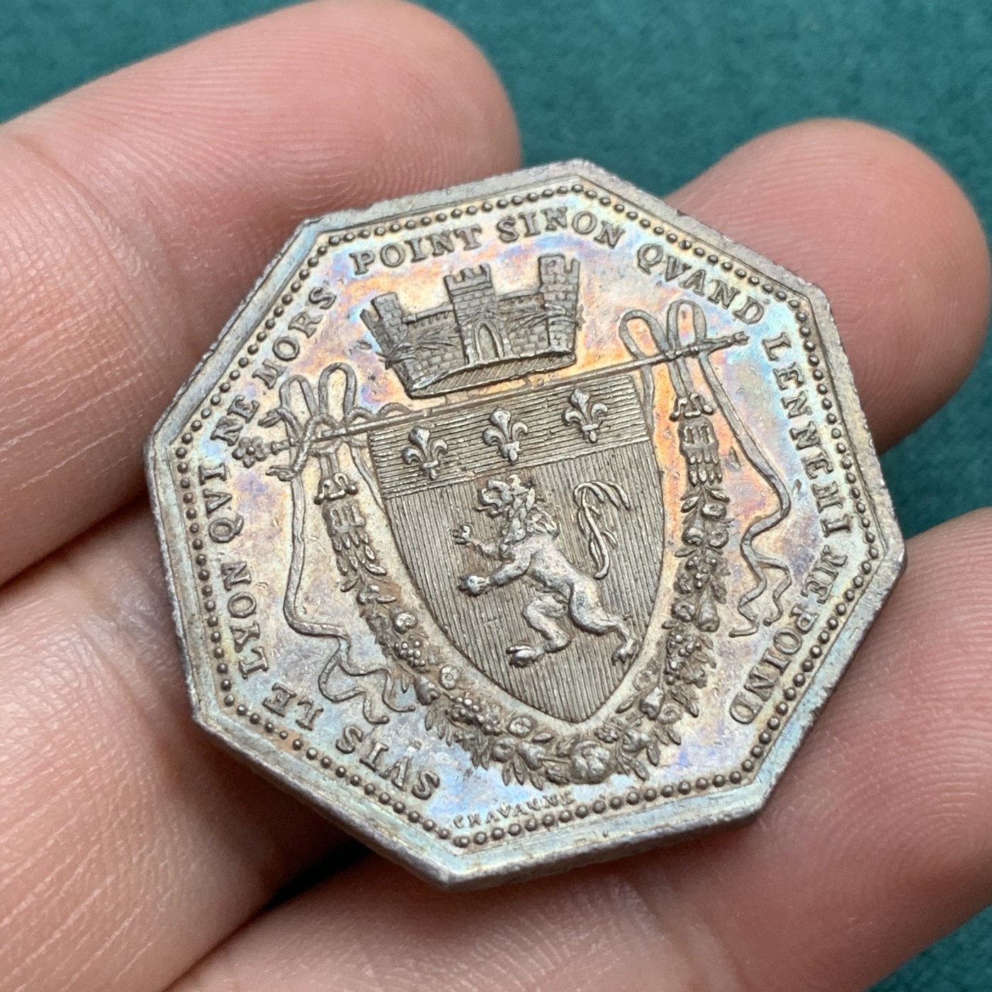 《竞宝斋》八角代币+章牌专场！第182场-周日，周一，周二 3场 (全场包邮) 法国里昂商会八角银质jeton，16.58g，32.5mm，早期无边铭