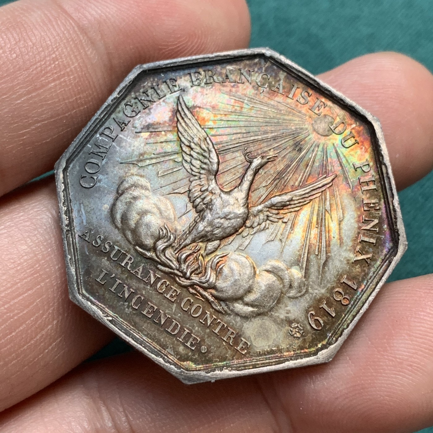 《竞宝斋》八角代币+章牌专场！第182场-周日，周一，周二 3场 (全场包邮) 法国凤凰火灾互助保险公司，23.05g，36mm，蜜蜂边铭，非常漂亮的红紫包浆