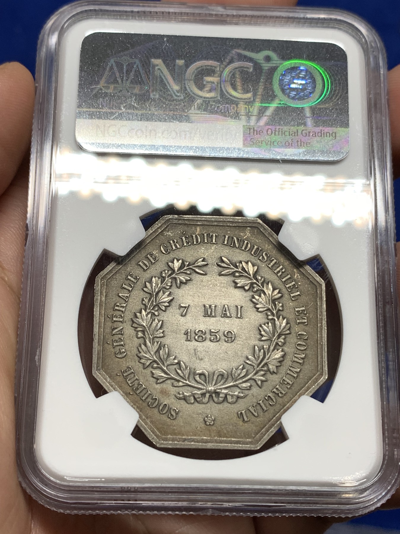 《竞宝斋》八角代币+章牌专场！第182场-周日，周一，周二 3场 (全场包邮) NGC-MS62 法国工商信贷银行八角银质代币