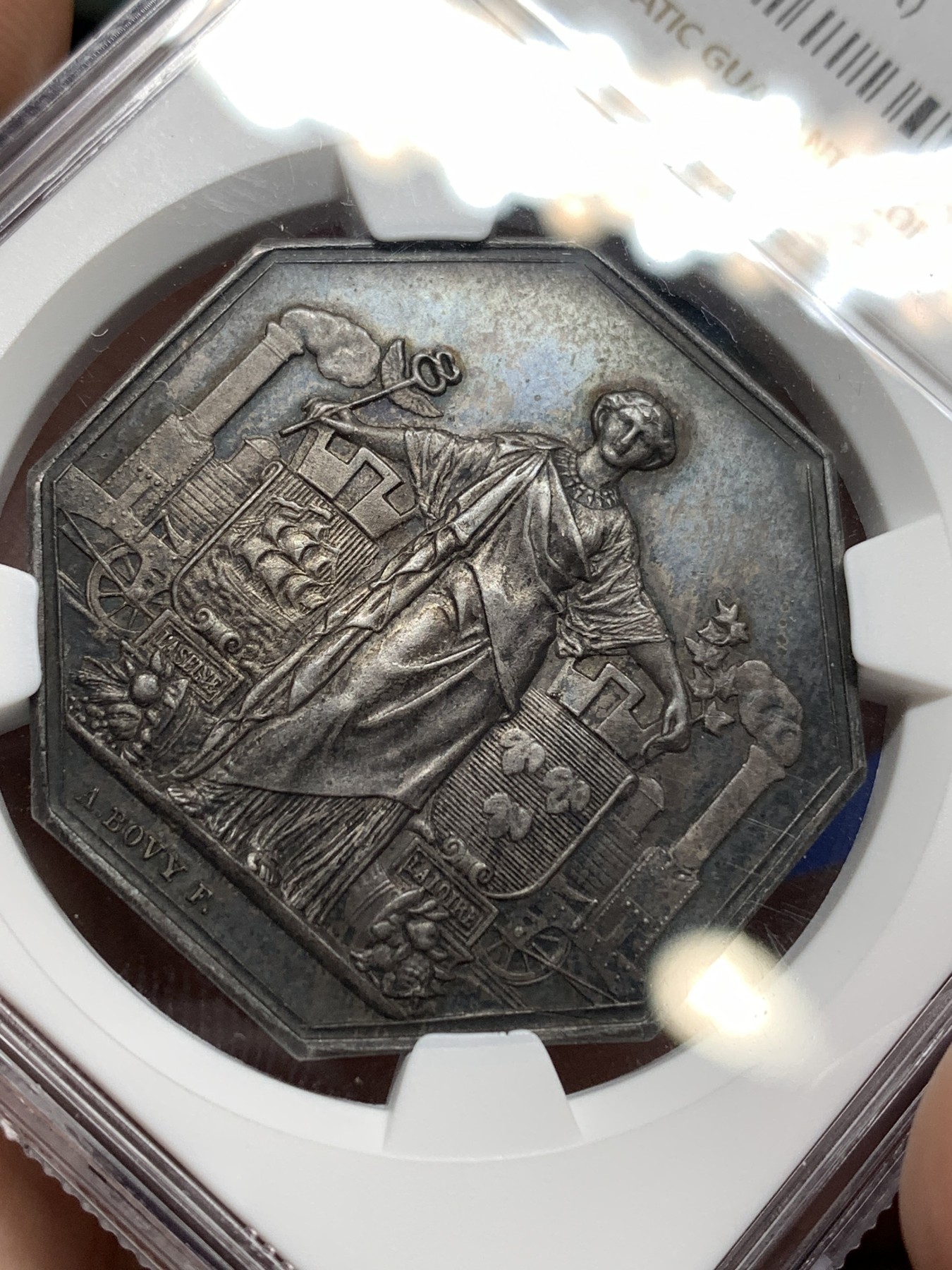 《竞宝斋》八角代币+章牌专场！第182场-周日，周一，周二 3场 (全场包邮) NGC-MS61 法国巴黎奥尔良铁路通车纪念八角银质代币，名家Bovy作品