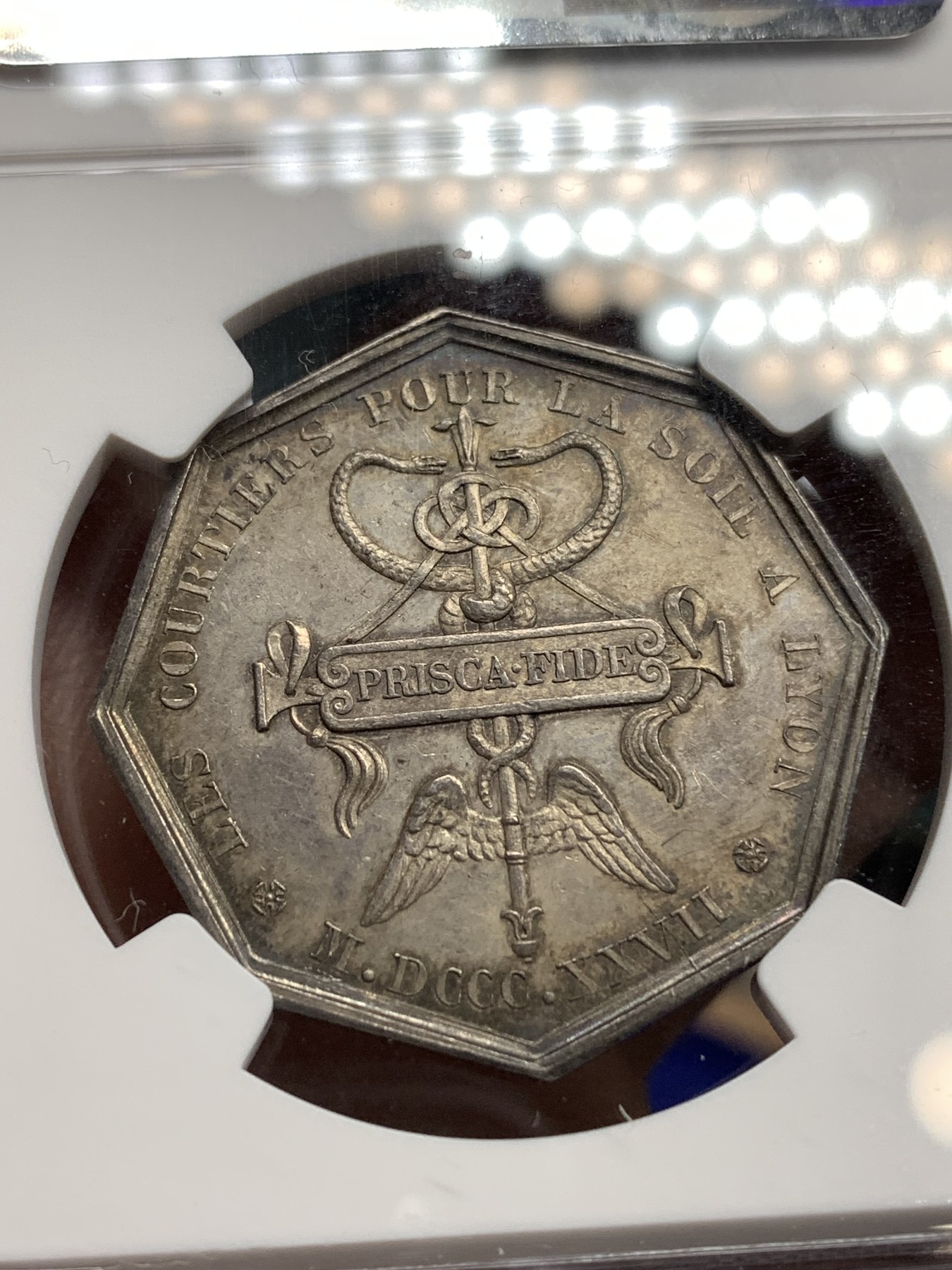 《竞宝斋》八角代币+章牌专场！第182场-周日，周一，周二 3场 (全场包邮) NGC-MS62 法国里昂丝绸经纪人JETON银质八角代币，此款好品较少，细节丰富