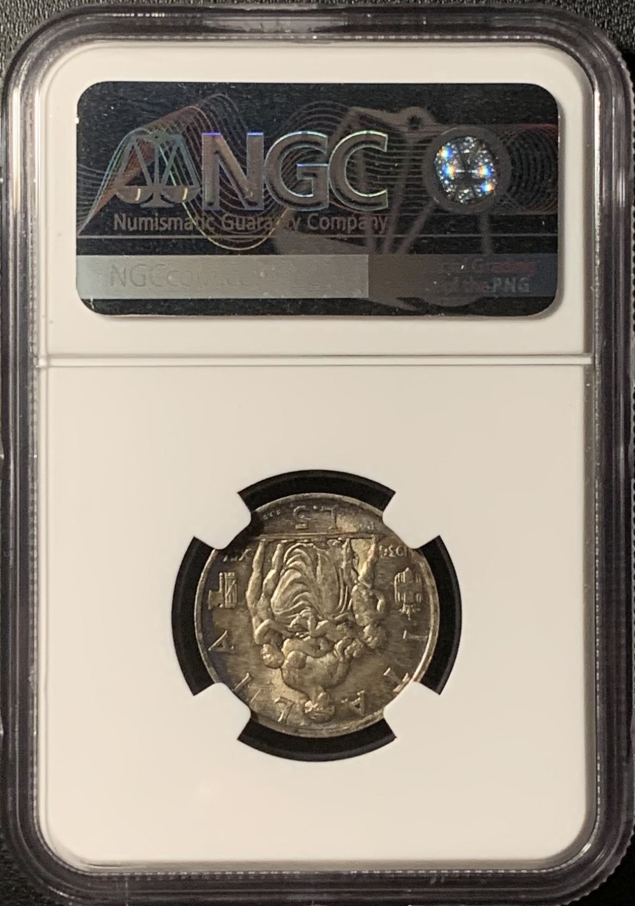 紫瑗钱币——第286期拍卖 意大利 1936年 圣母抱婴 5里拉 银币 NGC MS64 五彩包浆