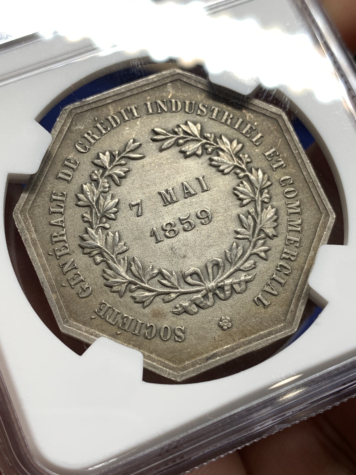 《竞宝斋》八角代币+章牌专场！第182场-周日，周一，周二 3场 (全场包邮) NGC-MS62 法国工商信贷银行八角银质代币