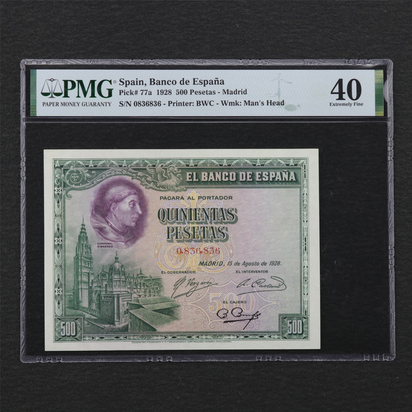 【亘邦集藏】第163期拍卖 1928年 西班牙500比塞塔 PMG 40 0836836