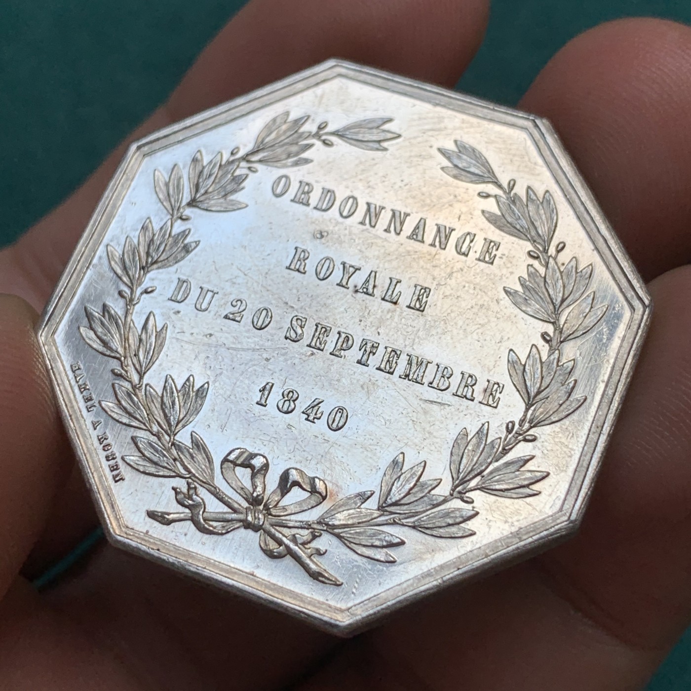 《竞宝斋》八角代币+章牌专场！第182场-周日，周一，周二 3场 (全场包邮) 法国八角银质代币，诺曼底保险，25g，38.3mm，手指边铭