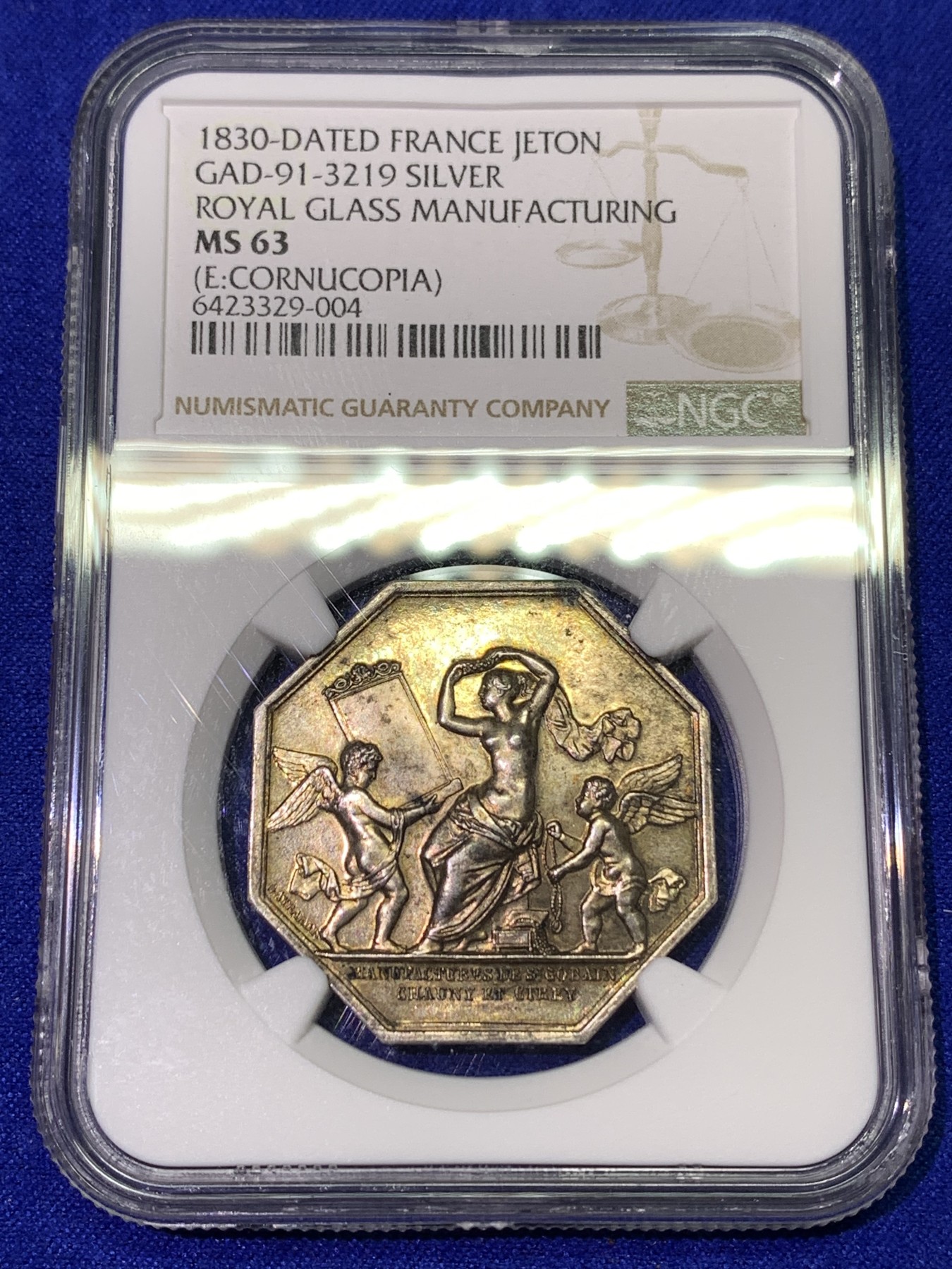 《竞宝斋》八角代币+章牌专场！第182场-周日，周一，周二 3场 (全场包邮) NGC MS63 法国圣戈班皇家制镜公司银质八角代币，镜前维纳斯，魔镜魔镜谁最美