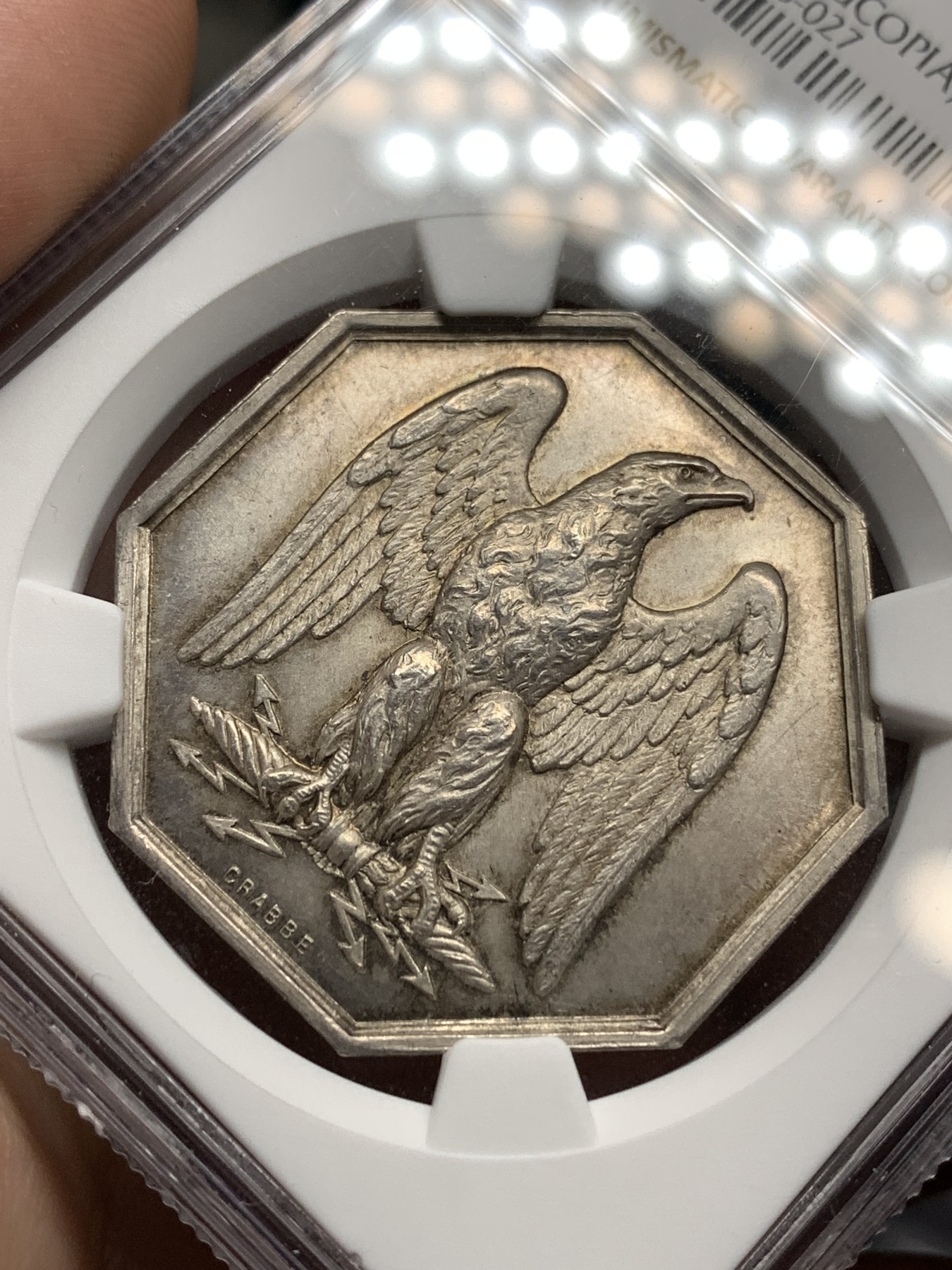 《竞宝斋》八角代币+章牌专场！第182场-周日，周一，周二 3场 (全场包邮) NGC-MS65 1843年法国雄鹰保险公司八角银质代币 顶级品相