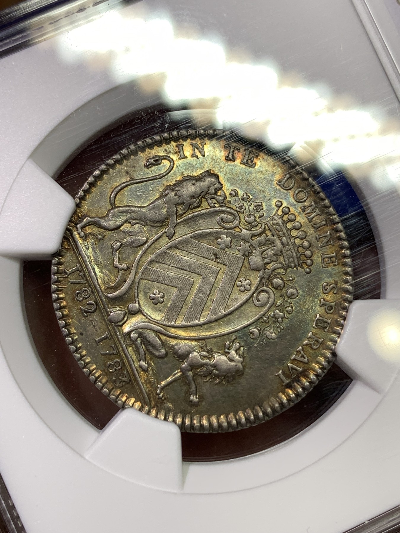 《竞宝斋》八角代币+章牌专场！第182场-周日，周一，周二 3场 (全场包邮) NGC AU53 法国南特1782年 双狮盾牌 银制JETON 好品五彩包浆