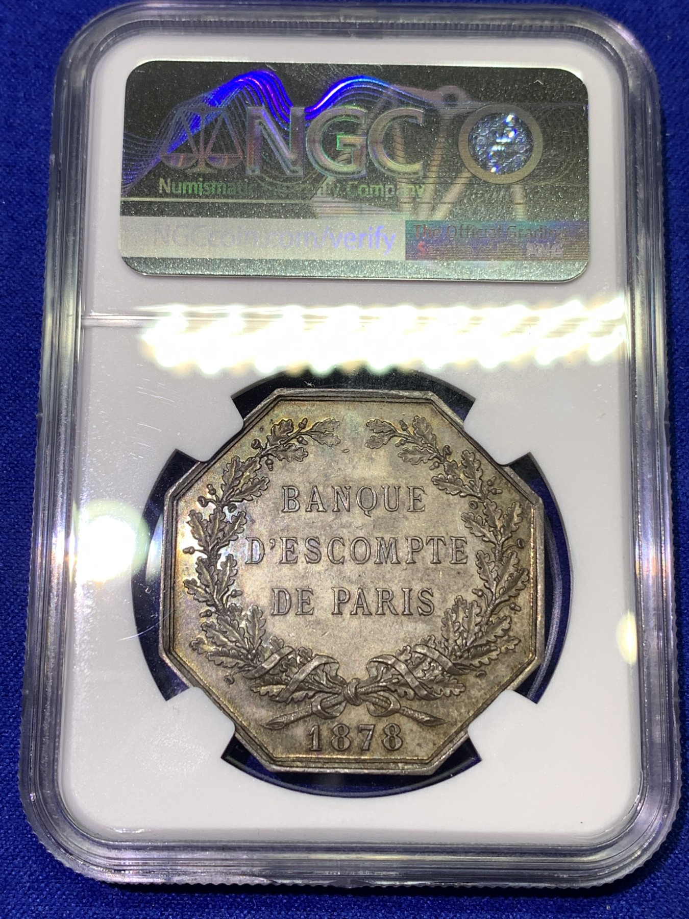 《竞宝斋》八角代币+章牌专场！第182场-周日，周一，周二 3场 (全场包邮) NGC-MS62 法国巴黎贴现银行JETON银质八角代币，层次分明的设计，金黄包浆