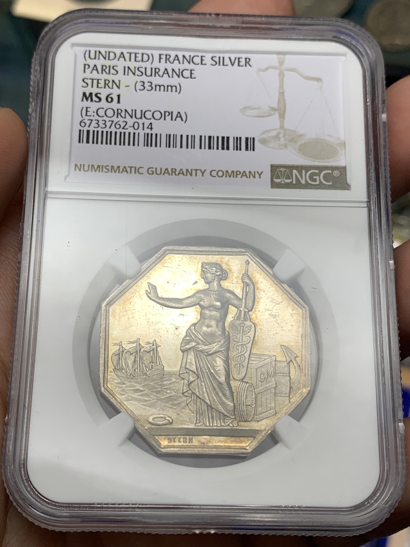 《竞宝斋》八角代币+章牌专场！第182场-周日，周一，周二 3场 (全场包邮) NGC MS61 法国  巴黎保险  银质八角代币 少见品种 背景的帆船细节太好了