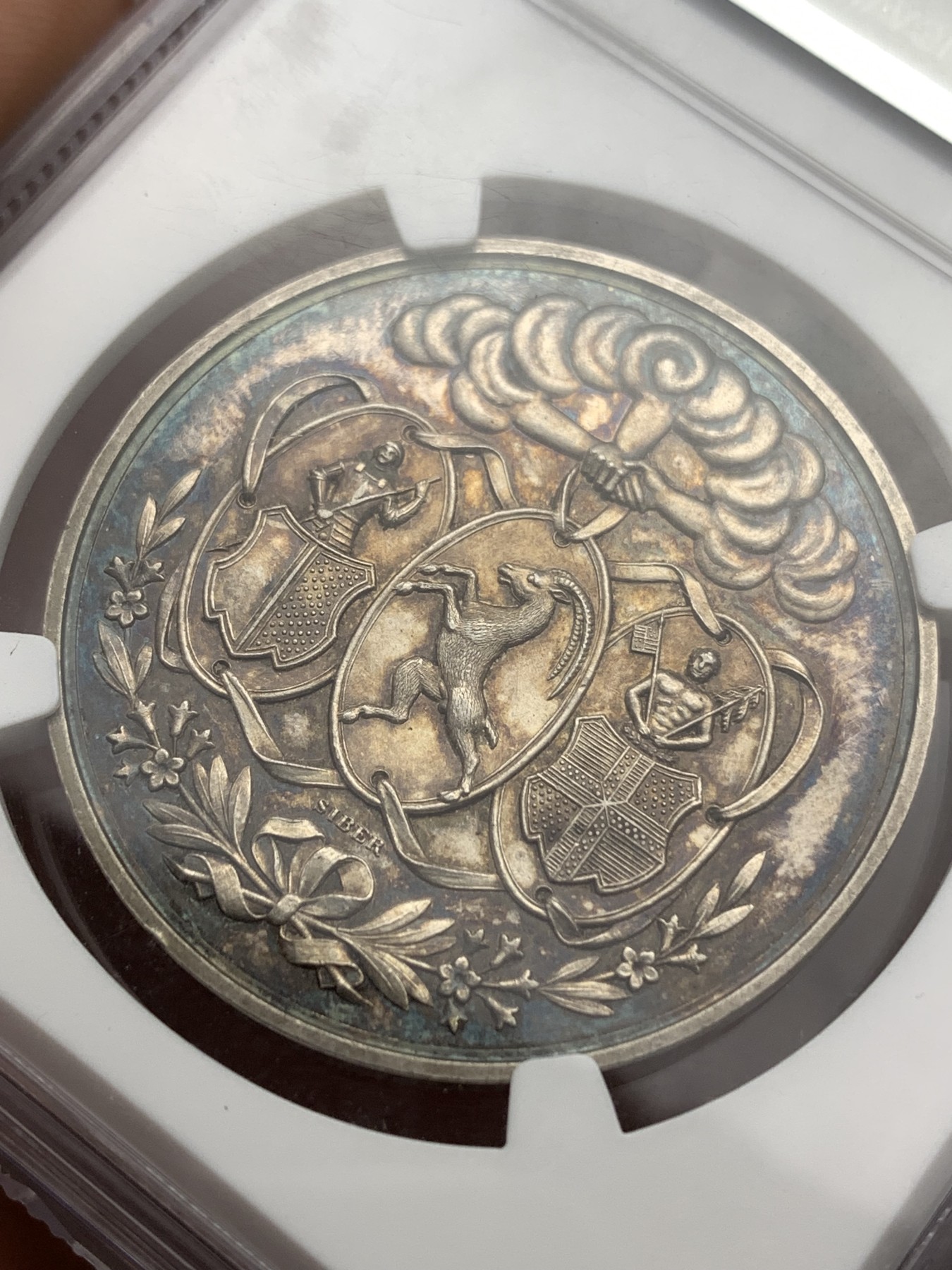 《竞宝斋》八角代币+章牌专场！第182场-周日，周一，周二 3场 (全场包邮)  NGC-MS61 1862 瑞士音乐节 纪念银章 包浆不错 背面绝了