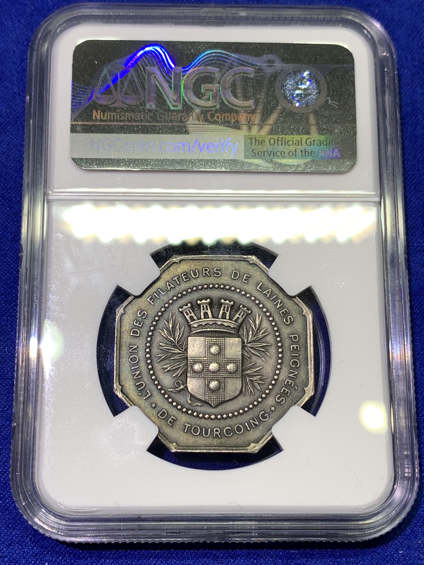《竞宝斋》八角代币+章牌专场！第182场-周日，周一，周二 3场 (全场包邮) NGC-MS63  法国图尔昆精纺羊毛纺纱厂联盟八角银章，少见品种
