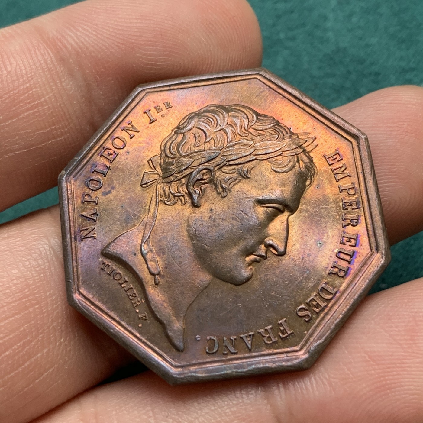 《竞宝斋》八角代币+章牌专场！第182场-周日，周一，周二 3场 (全场包邮) 法国八角银质jeton，塞纳河地区公证处，拿破仑大帝，16.01g，33.6mm，手指边铭金黄带紫包浆