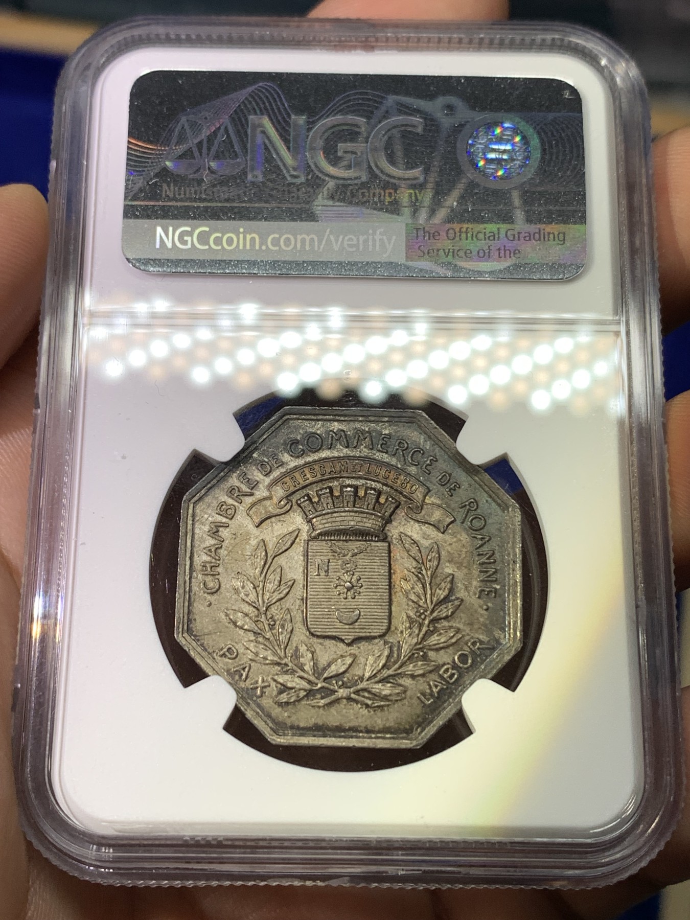 《竞宝斋》八角代币+章牌专场！第182场-周日，周一，周二 3场 (全场包邮) NGC-MS63 法国罗纳商会八角银质代币，奔跑的墨丘利