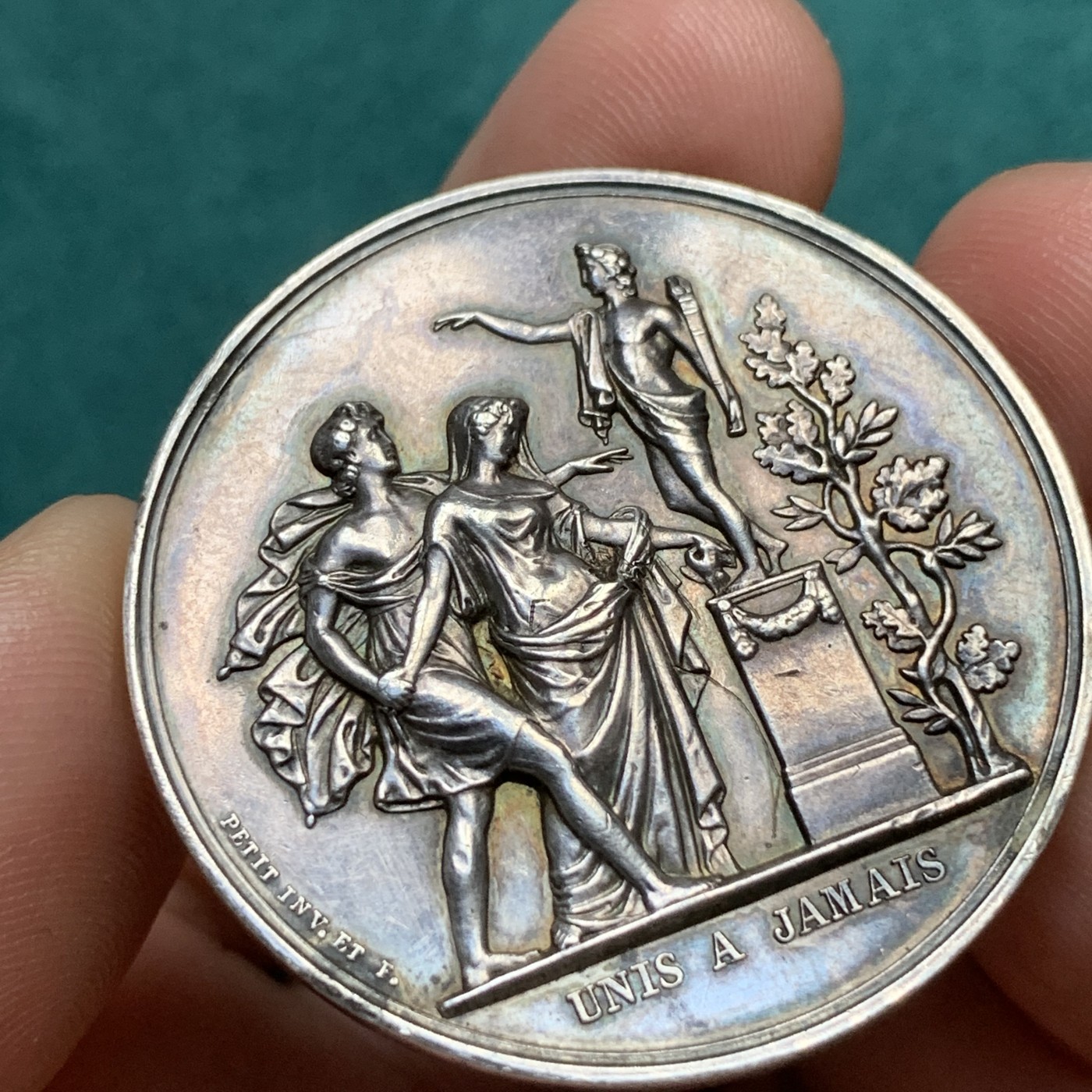 《竞宝斋》八角代币+章牌专场！第182场-周日，周一，周二 3场 (全场包邮) 法国结婚纪念银章，23.88g，39mm，手指边铭