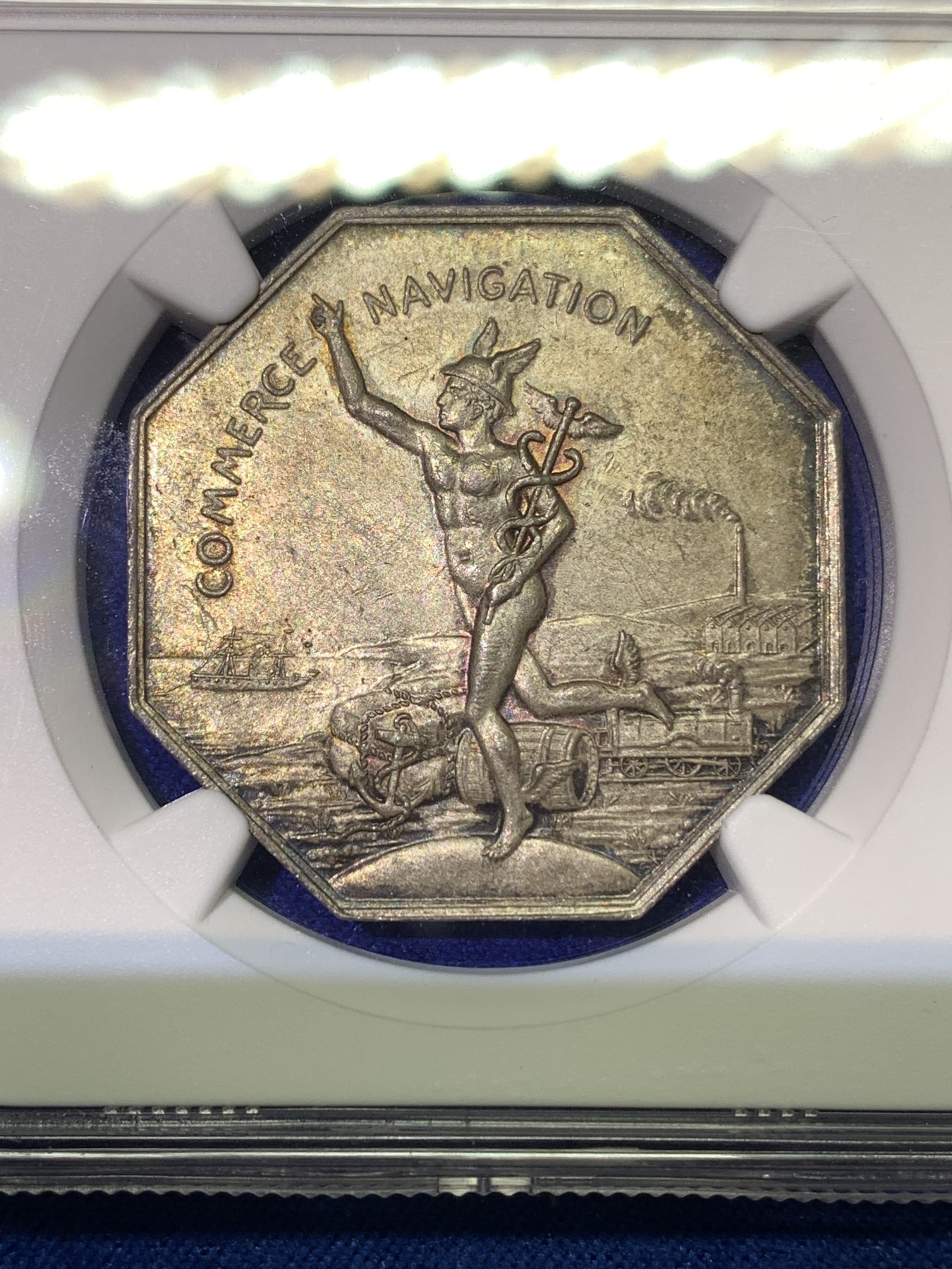 《竞宝斋》八角代币+章牌专场！第182场-周日，周一，周二 3场 (全场包邮) NGC-MS63 法国罗纳商会八角银质代币，奔跑的墨丘利