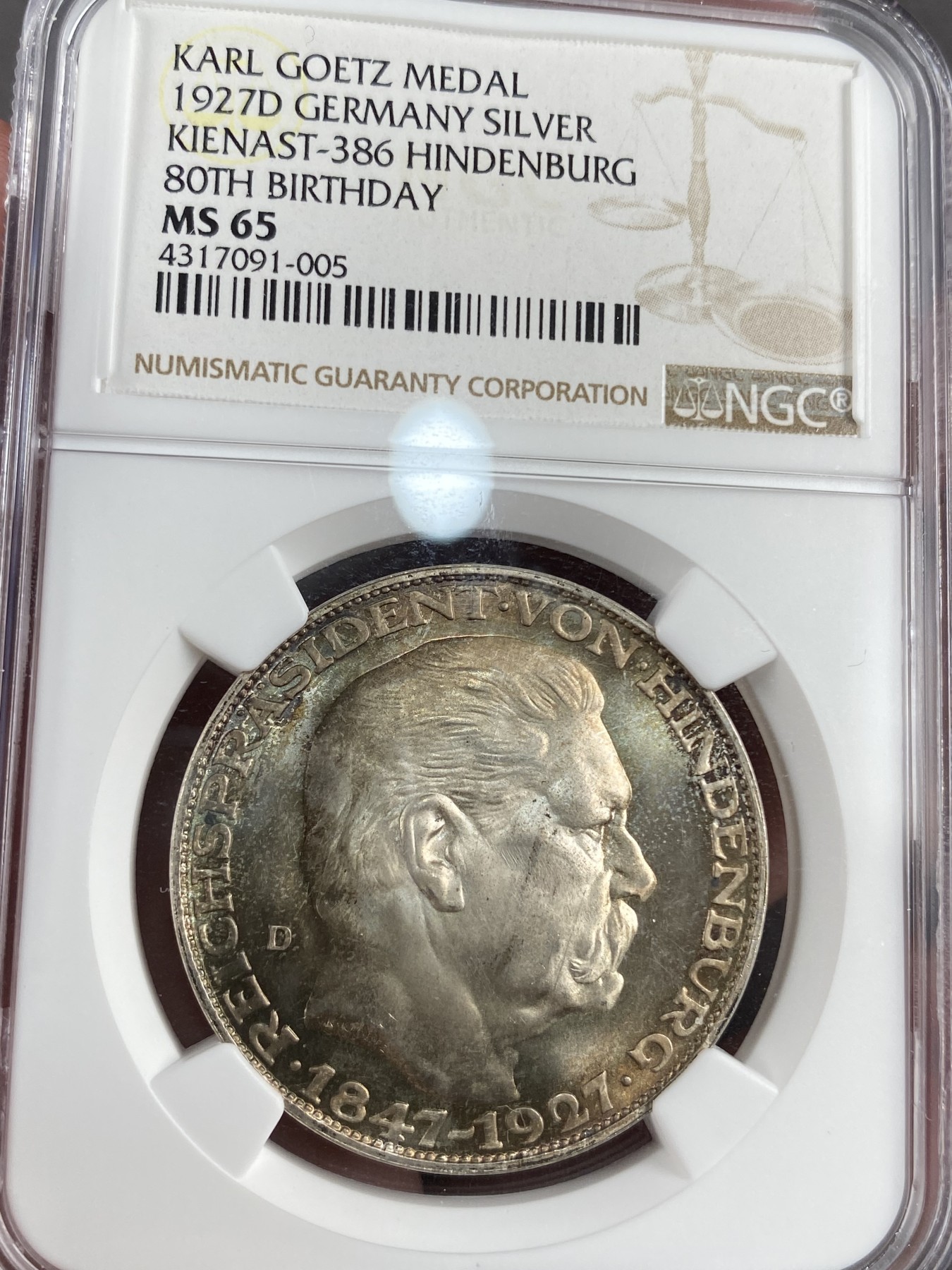 万国钱币拍卖第012期（视频直播专场） NGC MS65 1927年德国魏玛共和国兴登堡80大寿5马克样币币章 炫彩镜面极美