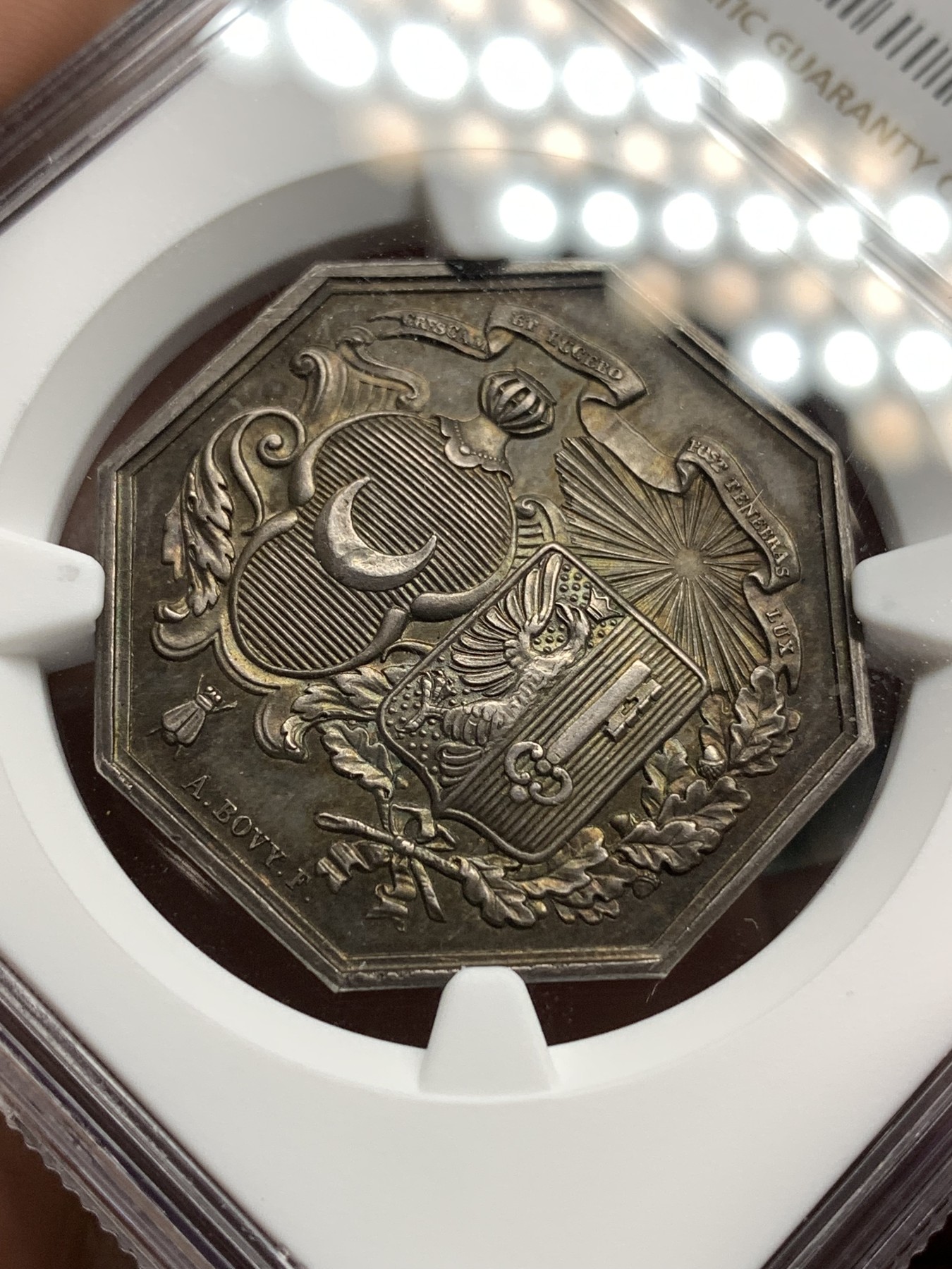 《竞宝斋》八角代币+章牌专场！第182场-周日，周一，周二 3场 (全场包邮) NGC-MS64法国罗纳运河八角银质代币，瑞士名家Bovy作品 1832年之前无边铭