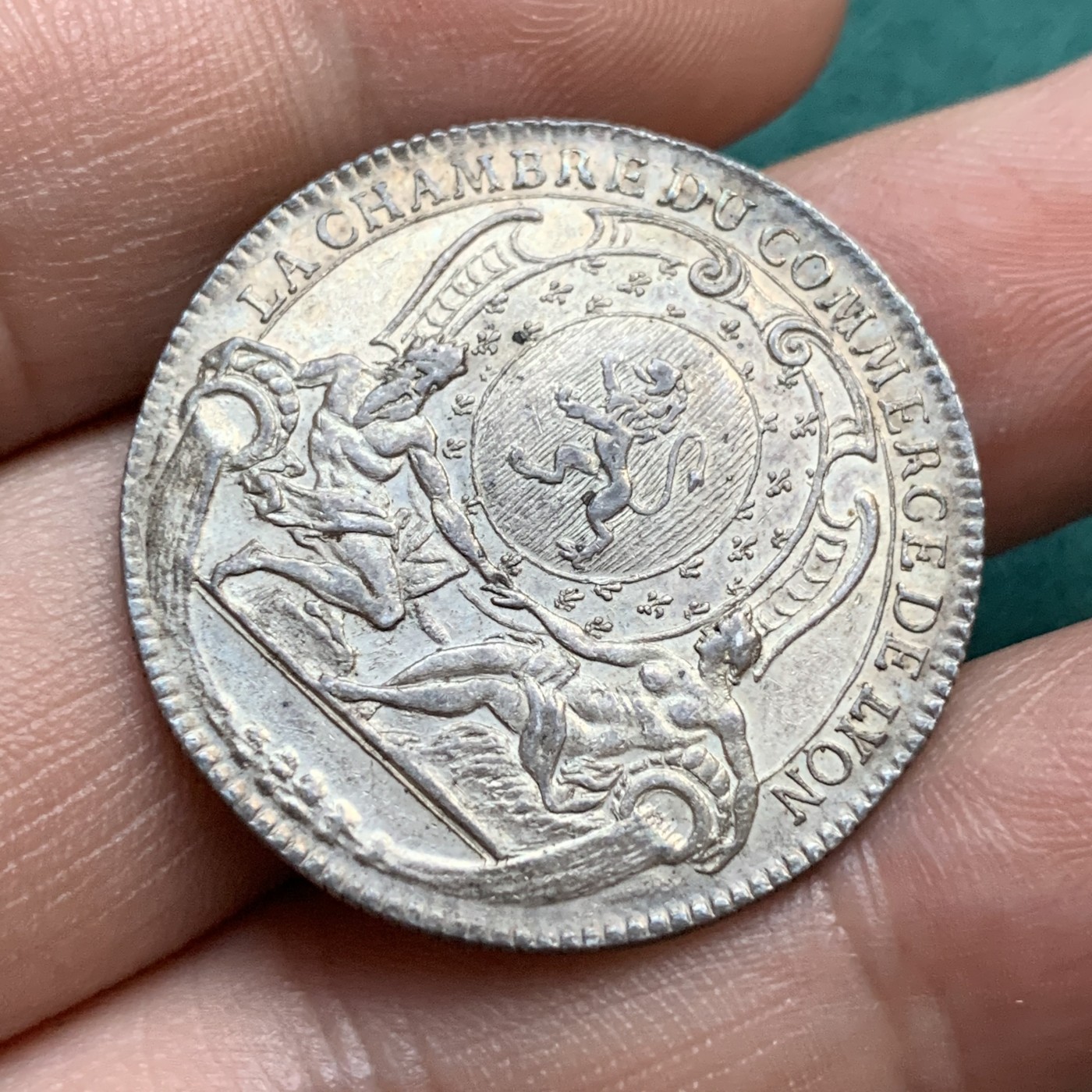 《竞宝斋》八角代币+章牌专场！第182场-周日，周一，周二 3场 (全场包邮) 法国18世纪里昂商会jeton银质代币，罗纳河和索恩河之神，9.14g，30.5mm，