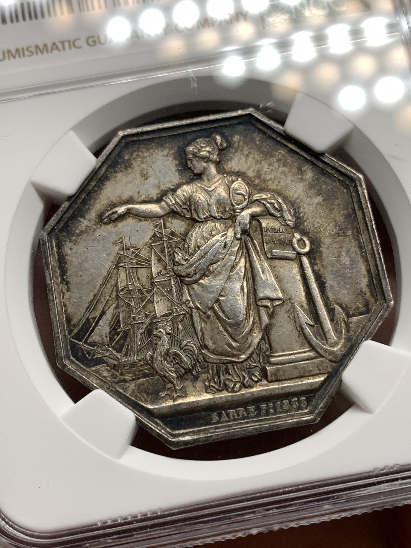 《竞宝斋》八角代币+章牌专场！第182场-周日，周一，周二 3场 (全场包邮) NGC MS62 法国 1833 银质八角代币  美女 战船 高卢雄鸡一个都没有少 细节好 包浆极美