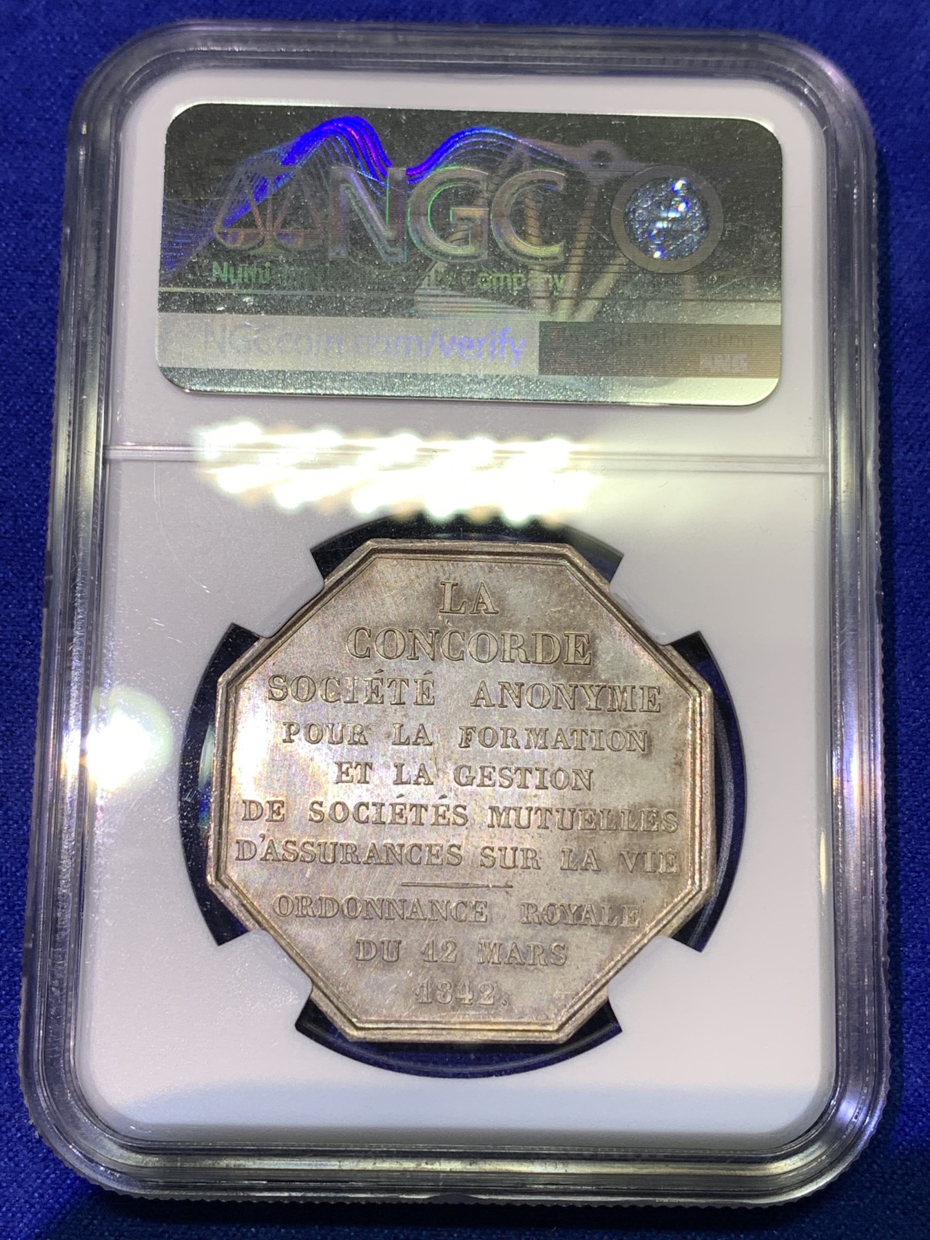 《竞宝斋》八角代币+章牌专场！第182场-周日，周一，周二 3场 (全场包邮) NGC-MS63法国人寿互助有限公司八角银质代币，拉罗什福科两兄弟侧面像，少见的船锚边铭（1841-1842），瑞士名家Bovy作品