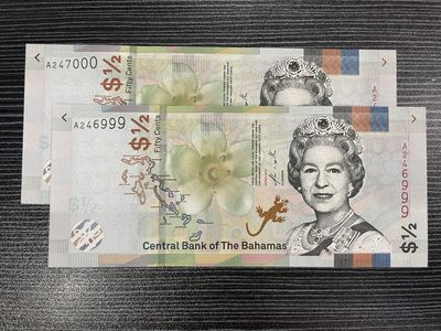 【浩洋钞市】纸钞拍卖第四期—靓号专场（周三晚上） - UNC巴哈马两连号999-000