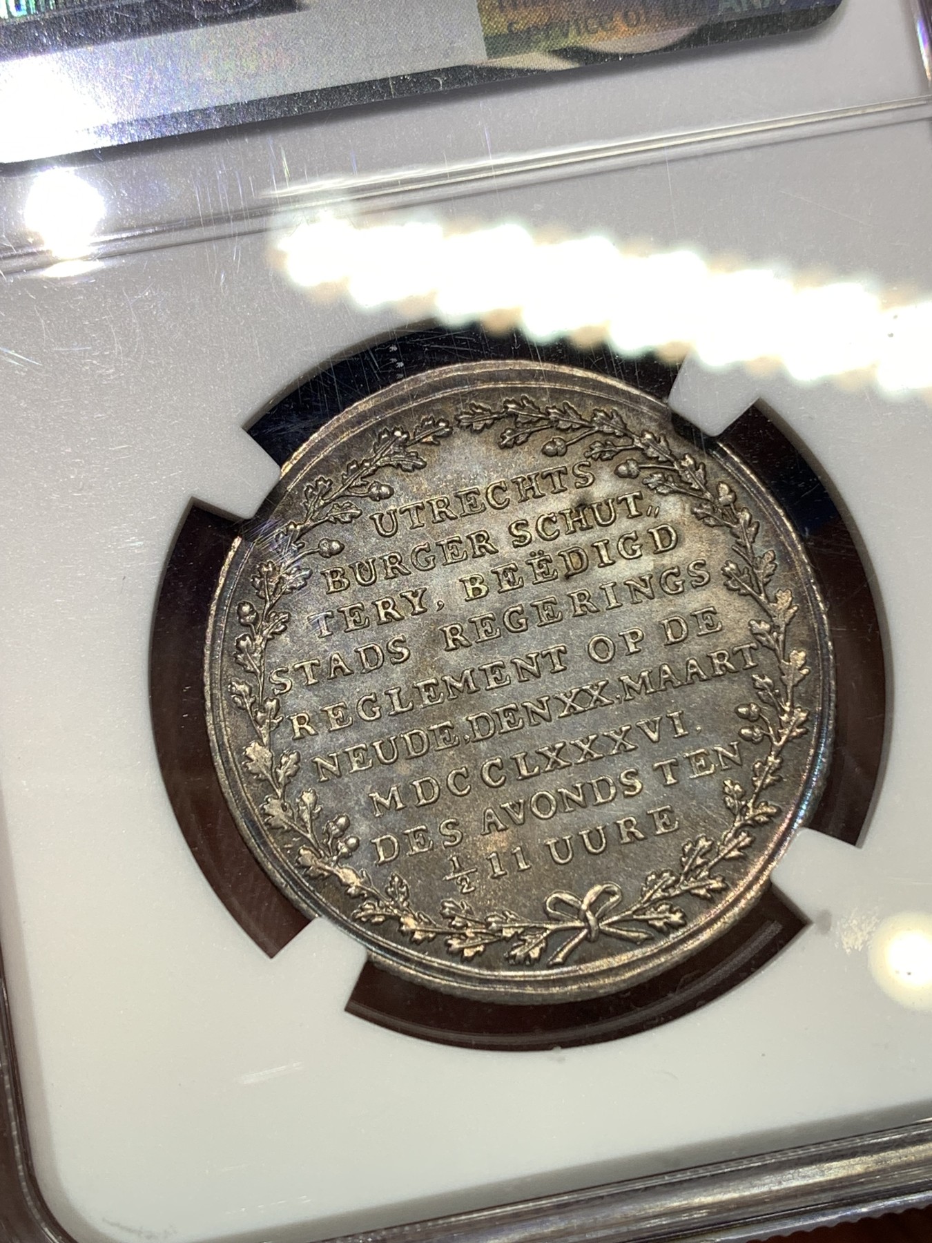 《竞宝斋》八角代币+章牌专场！第182场-周日，周一，周二 3场 (全场包邮) NGC MS65 荷兰 乌特勒支 1786年 五彩银章 极少品种 裸章 22年150美元成交  本拍品MS65 很难超越