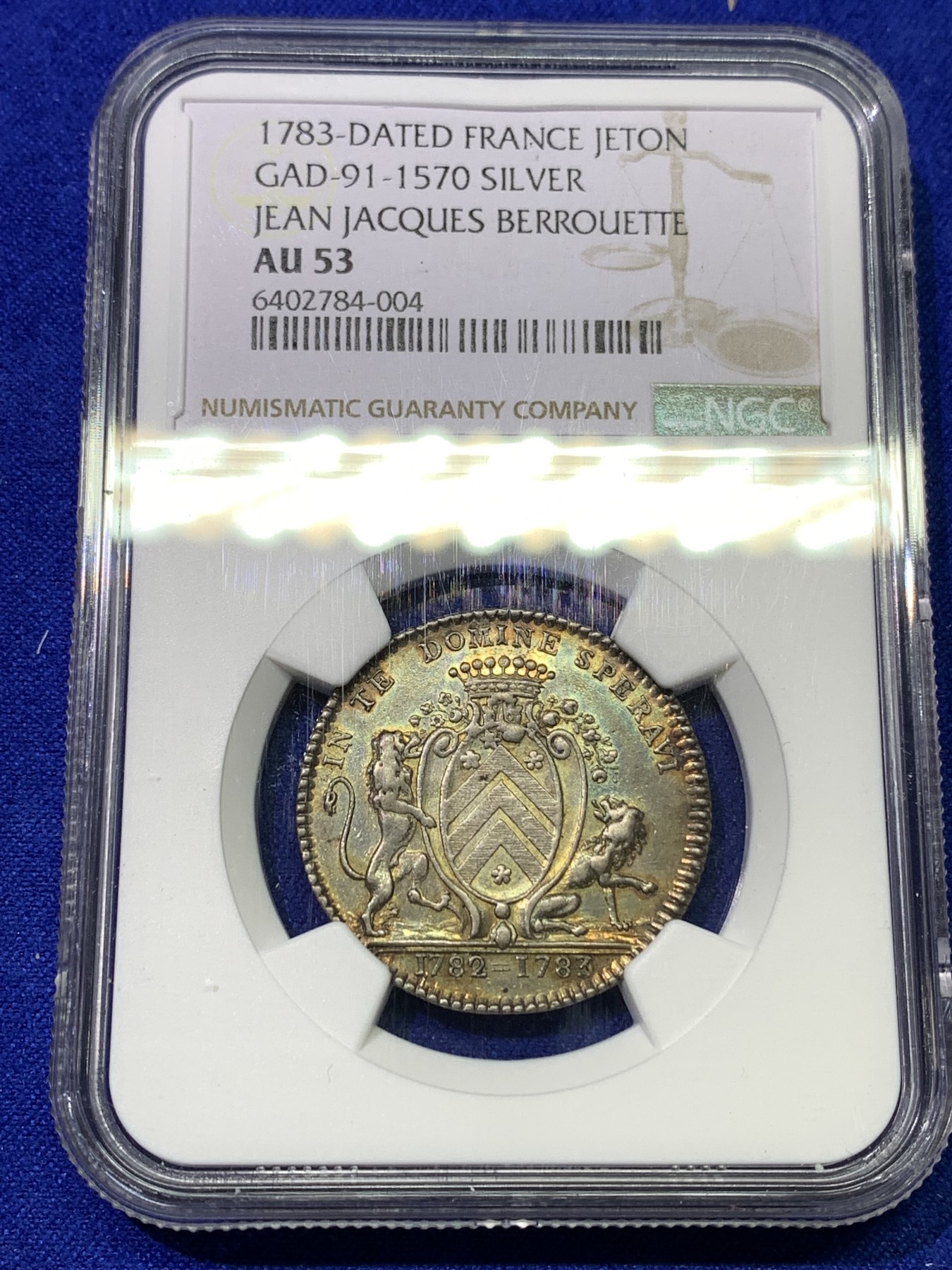 《竞宝斋》八角代币+章牌专场！第182场-周日，周一，周二 3场 (全场包邮) NGC AU53 法国南特1782年 双狮盾牌 银制JETON 好品五彩包浆