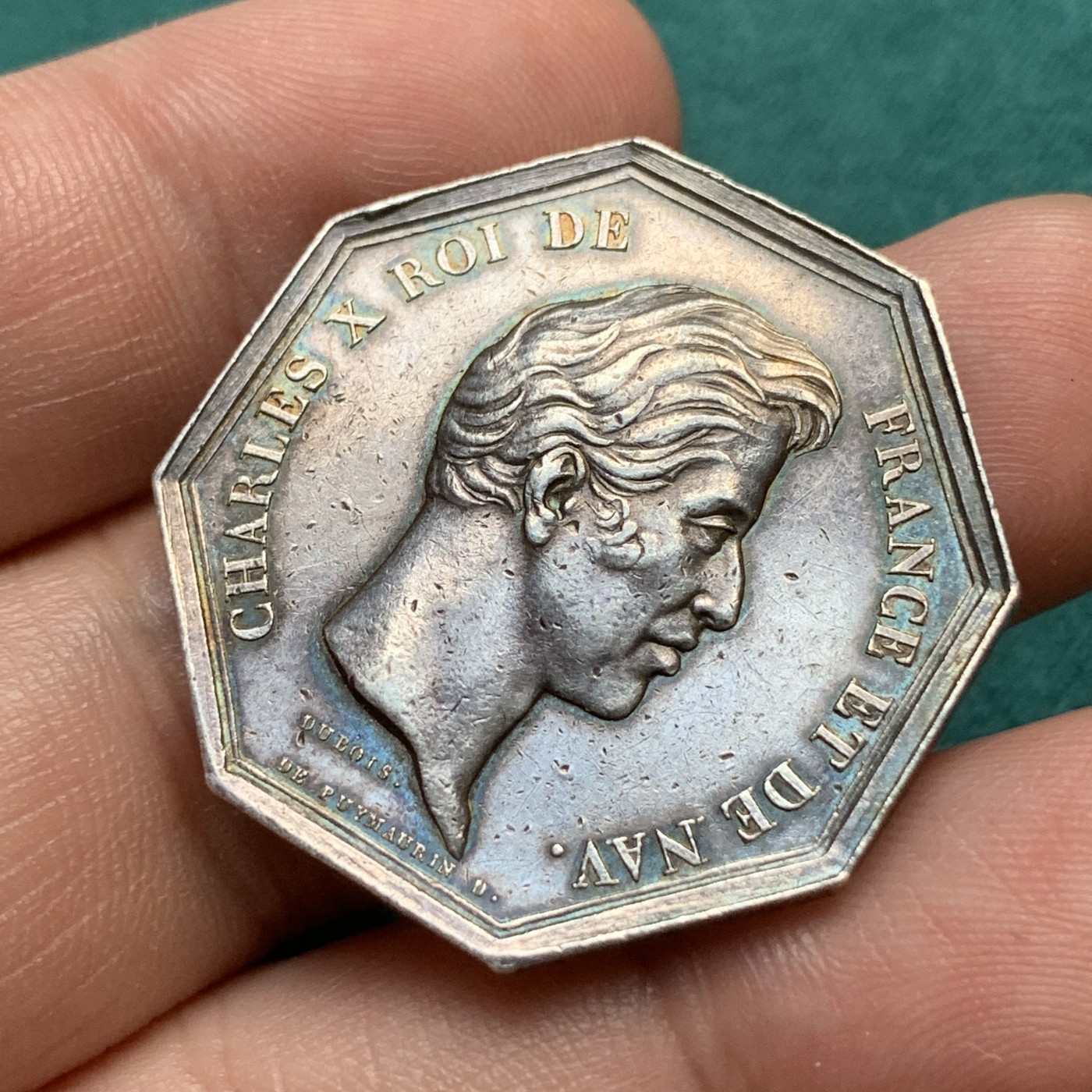 《竞宝斋》八角代币+章牌专场！第182场-周日，周一，周二 3场 (全场包邮) 法国1832年之前查理十世奥尔良商会八角银质jeton，对边32.2mm，重12.9克，早期无边铭