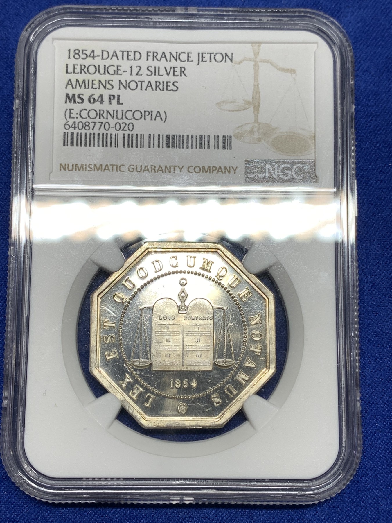 《竞宝斋》八角代币+章牌专场！第182场-周日，周一，周二 3场 (全场包邮) NGC-MS64PL镜面 1854年法国亚眠公证处八角银章代用币