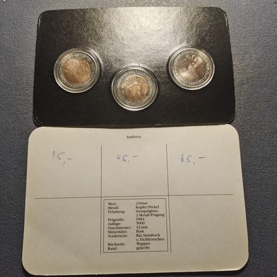 0起1加-纯粹捡漏拍-217套币银币场 - 安道尔1984年2第纳尔双色动物币3枚黑卡装带说明-纪念币发行量5000套