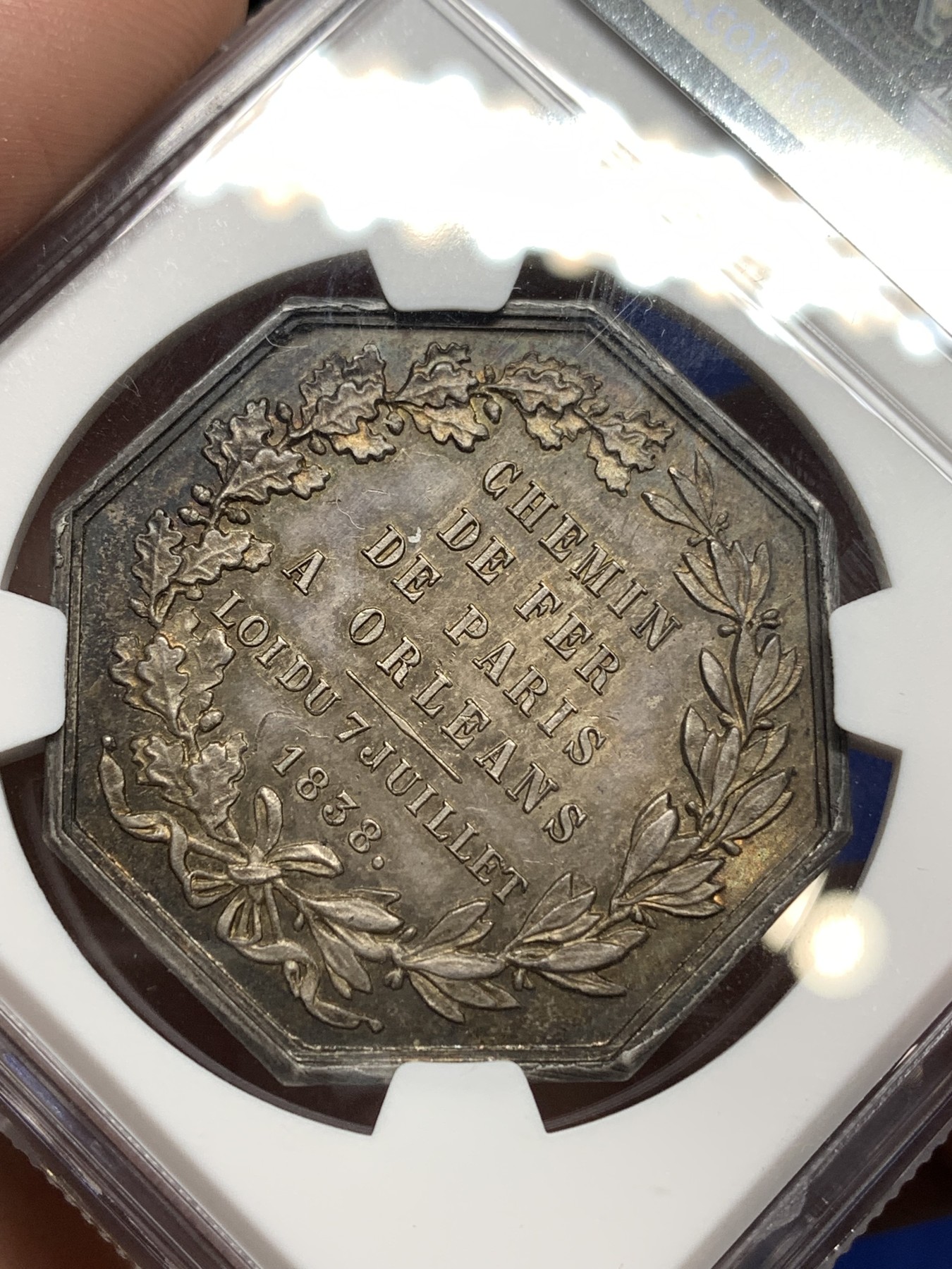 《竞宝斋》八角代币+章牌专场！第182场-周日，周一，周二 3场 (全场包邮) NGC-MS61 法国巴黎奥尔良铁路通车纪念八角银质代币，名家Bovy作品