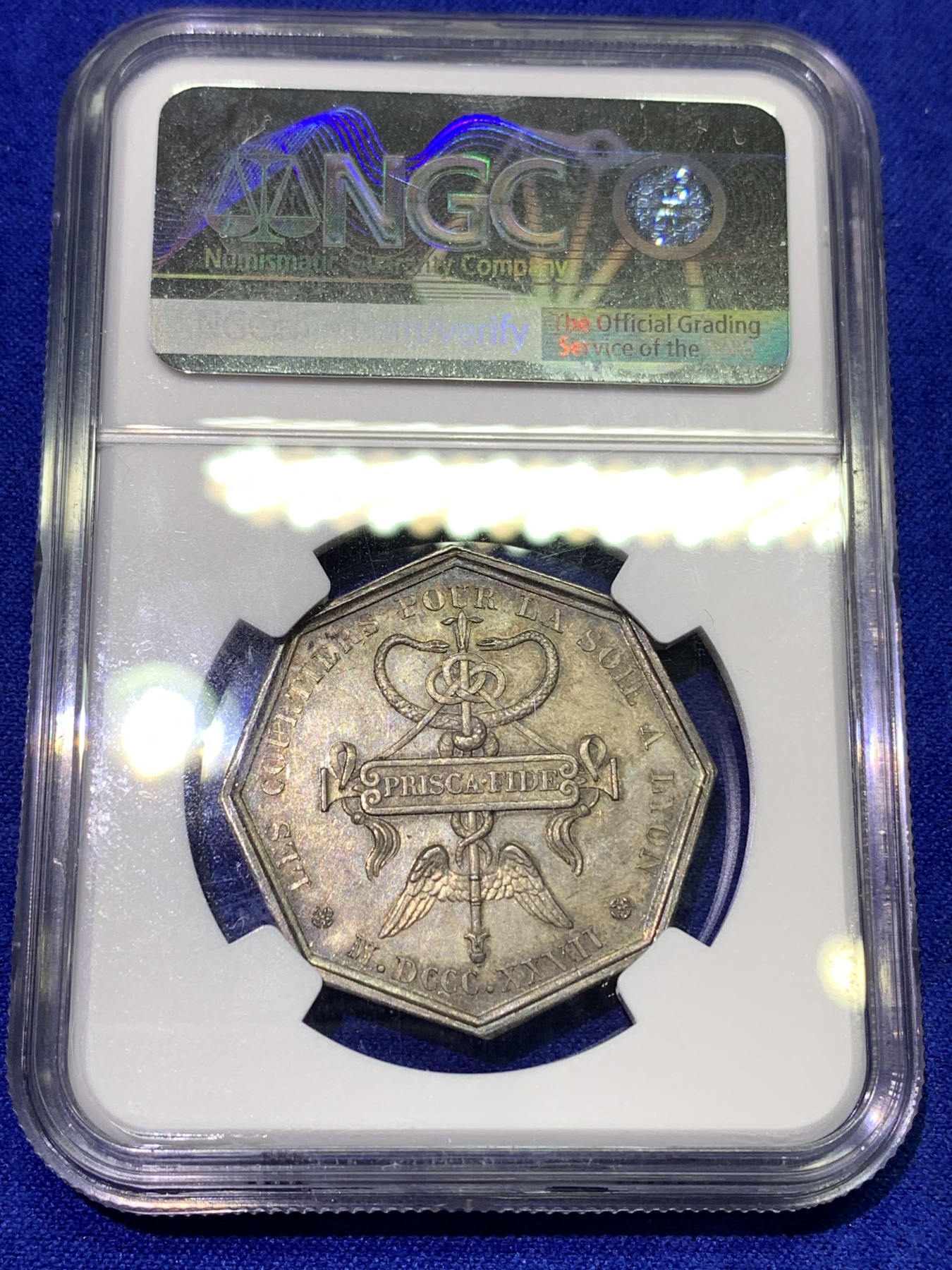 《竞宝斋》八角代币+章牌专场！第182场-周日，周一，周二 3场 (全场包邮) NGC-MS62 法国里昂丝绸经纪人JETON银质八角代币，此款好品较少，细节丰富