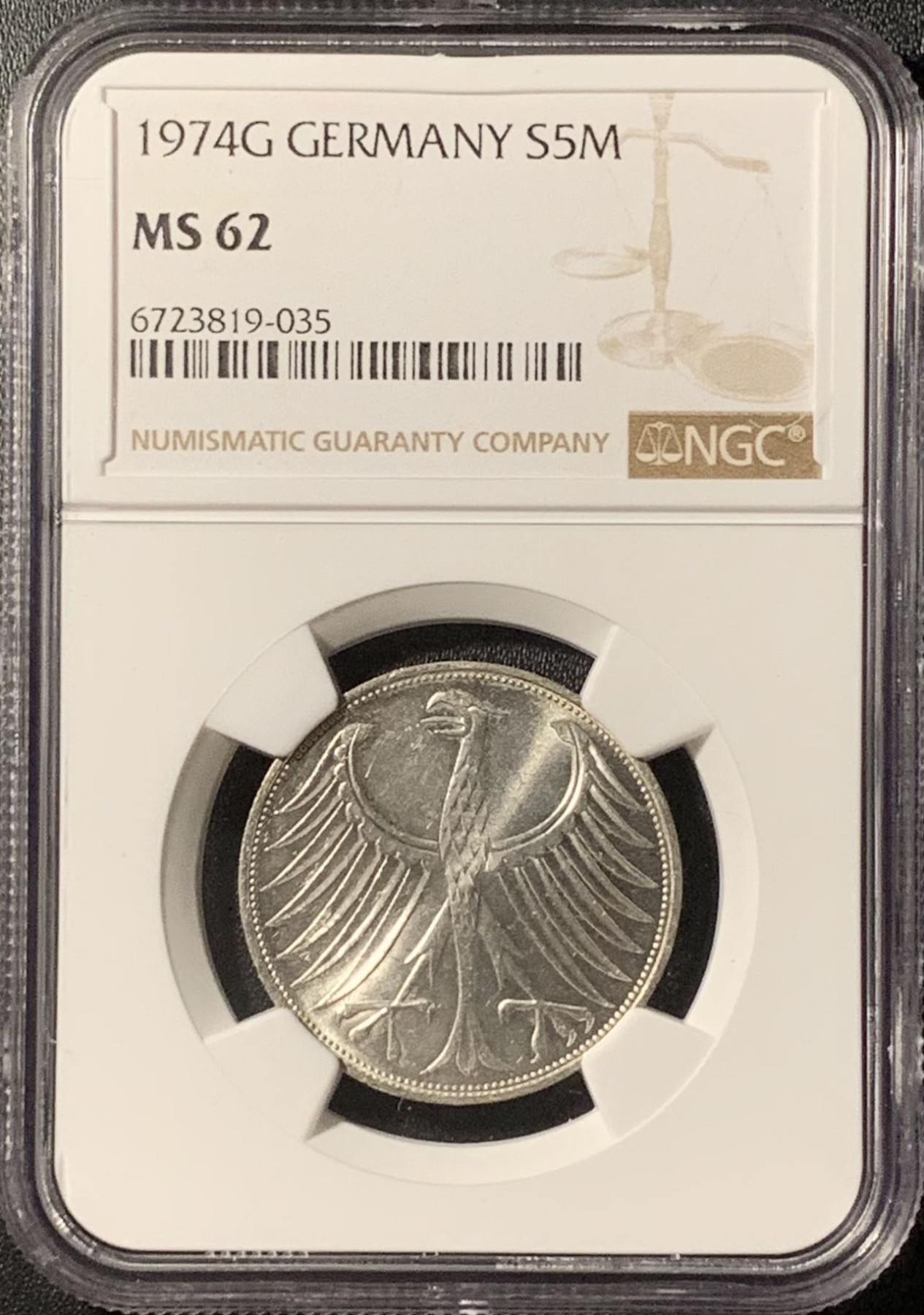 紫瑗钱币——第286期拍卖 联邦德国 1974年 鹰徽 5马克 银币 NGC MS62