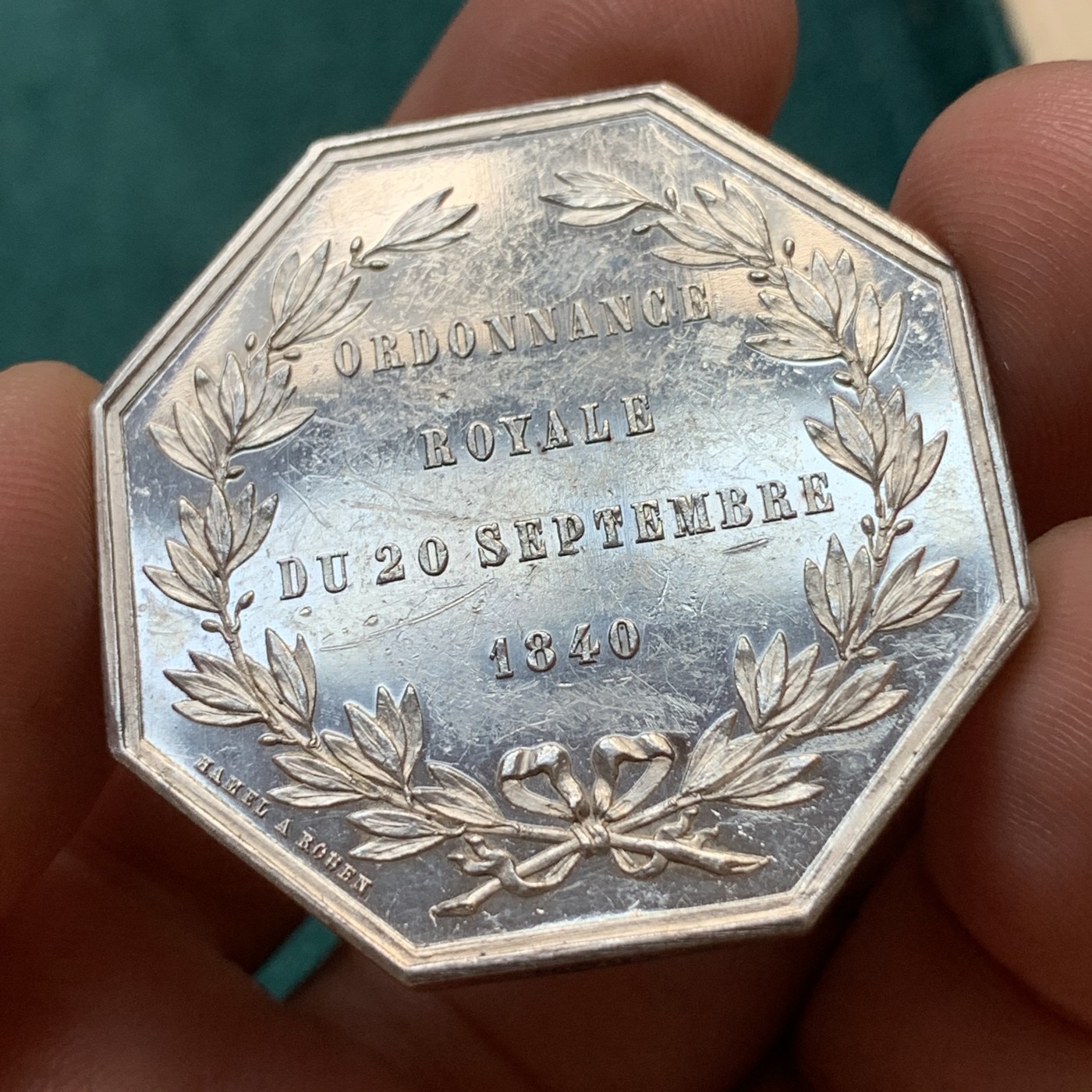 《竞宝斋》八角代币+章牌专场！第182场-周日，周一，周二 3场 (全场包邮) 法国八角银质代币，诺曼底保险，25g，38.3mm，手指边铭