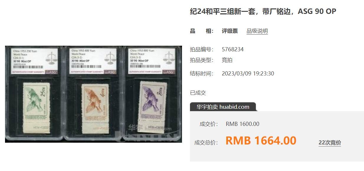 洪涛臻品批发群 精选邮票限时拍卖第三百二十七期  纪24 保卫世界和平 新3全 面艳背白票挺 完美过灯近全品-全品！ 【图3:90分成交价1664元!】