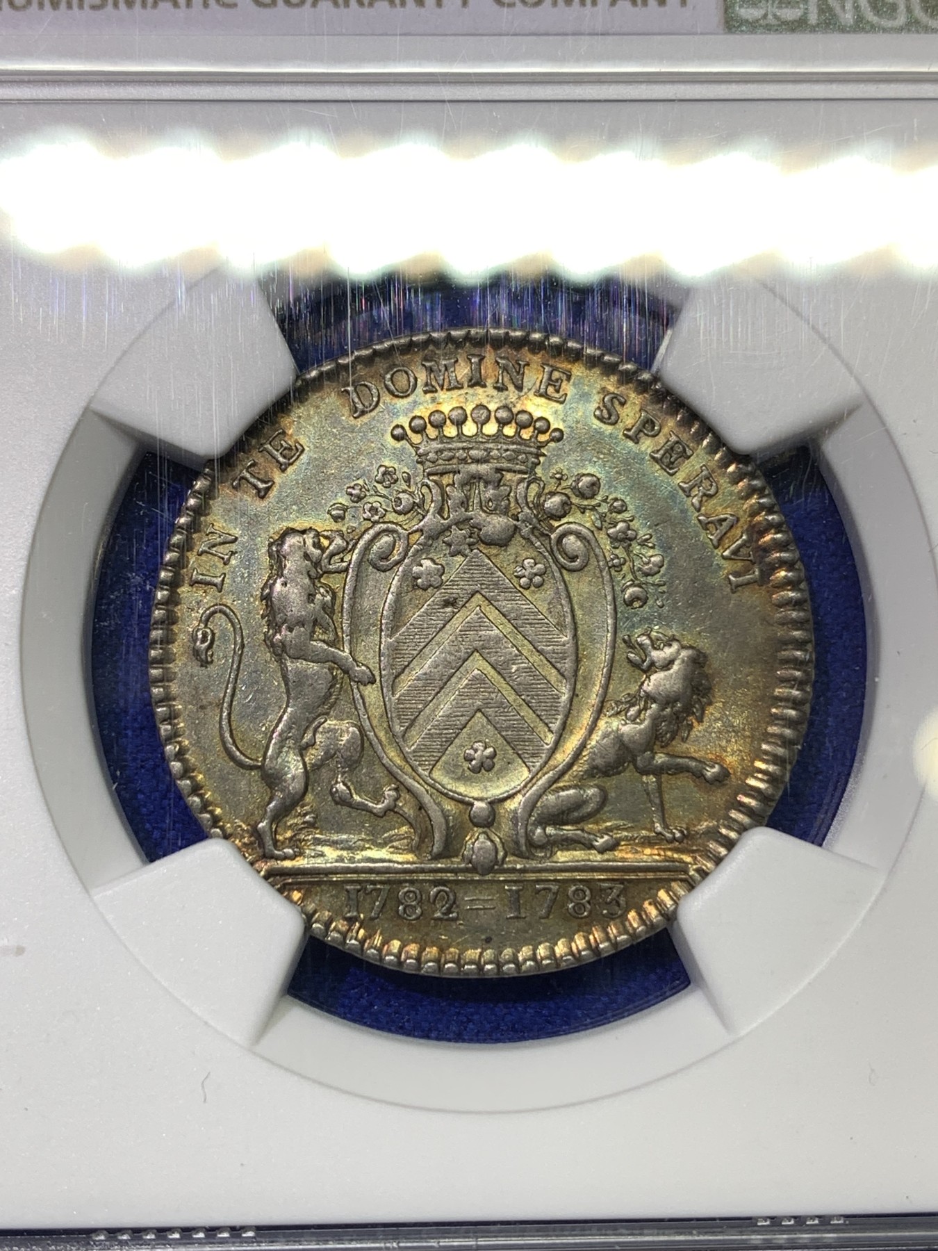 《竞宝斋》八角代币+章牌专场！第182场-周日，周一，周二 3场 (全场包邮) NGC AU53 法国南特1782年 双狮盾牌 银制JETON 好品五彩包浆