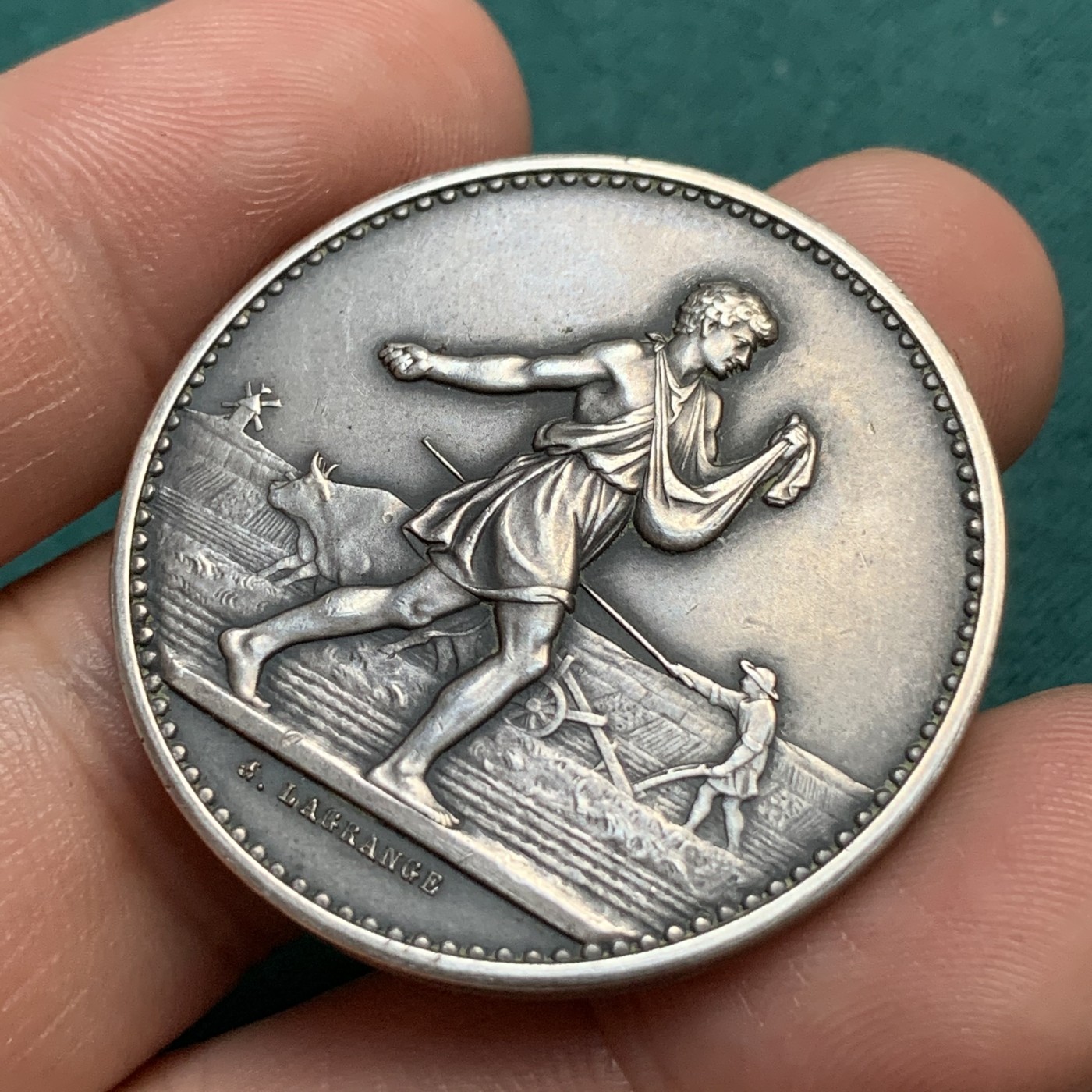 《竞宝斋》八角代币+章牌专场！第182场-周日，周一，周二 3场 (全场包邮) 法国农业协会播种银章，23.67g，36.5mm，丰饶角边铭