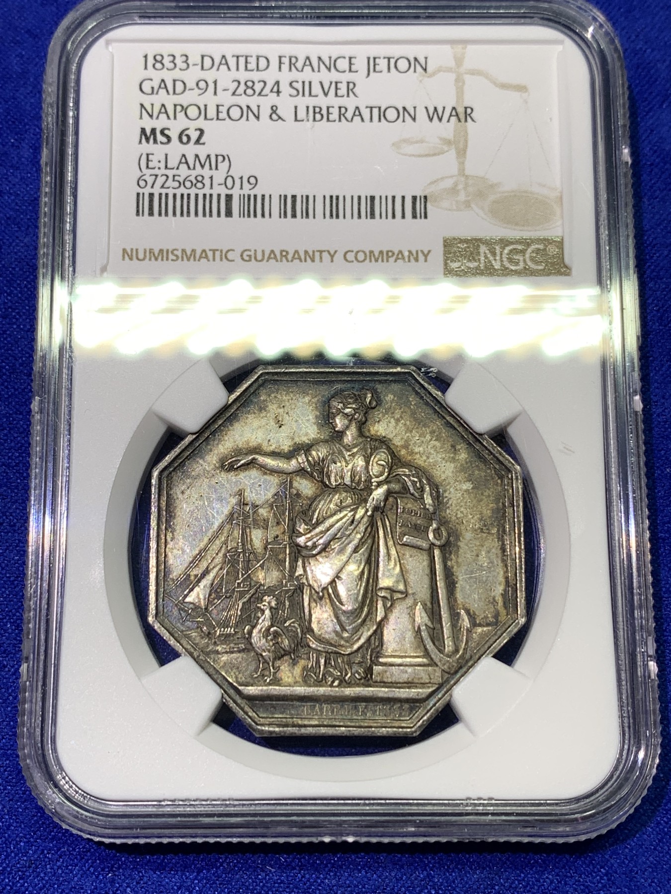 《竞宝斋》八角代币+章牌专场！第182场-周日，周一，周二 3场 (全场包邮) NGC MS62 法国 1833 银质八角代币  美女 战船 高卢雄鸡一个都没有少 细节好 包浆极美