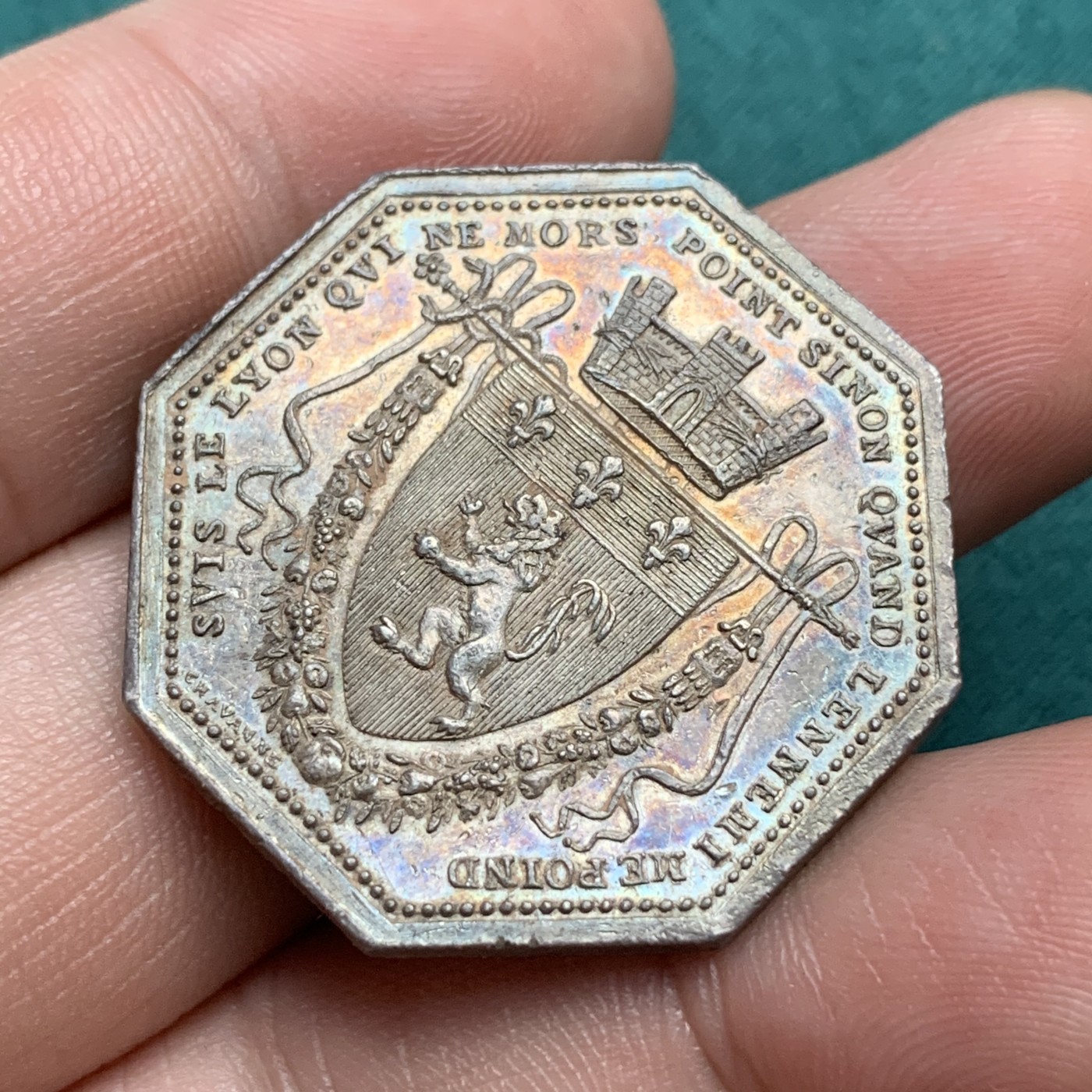 《竞宝斋》八角代币+章牌专场！第182场-周日，周一，周二 3场 (全场包邮) 法国里昂商会八角银质jeton，16.58g，32.5mm，早期无边铭