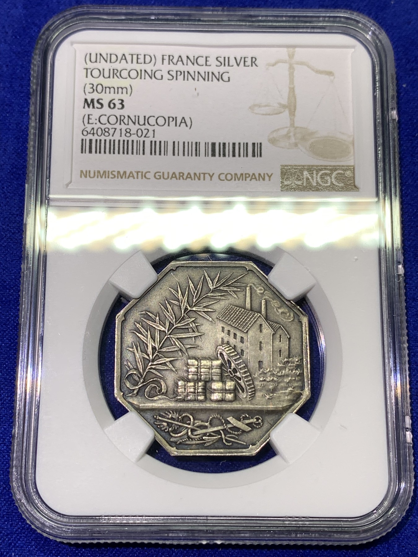 《竞宝斋》八角代币+章牌专场！第182场-周日，周一，周二 3场 (全场包邮) NGC-MS63  法国图尔昆精纺羊毛纺纱厂联盟八角银章，少见品种