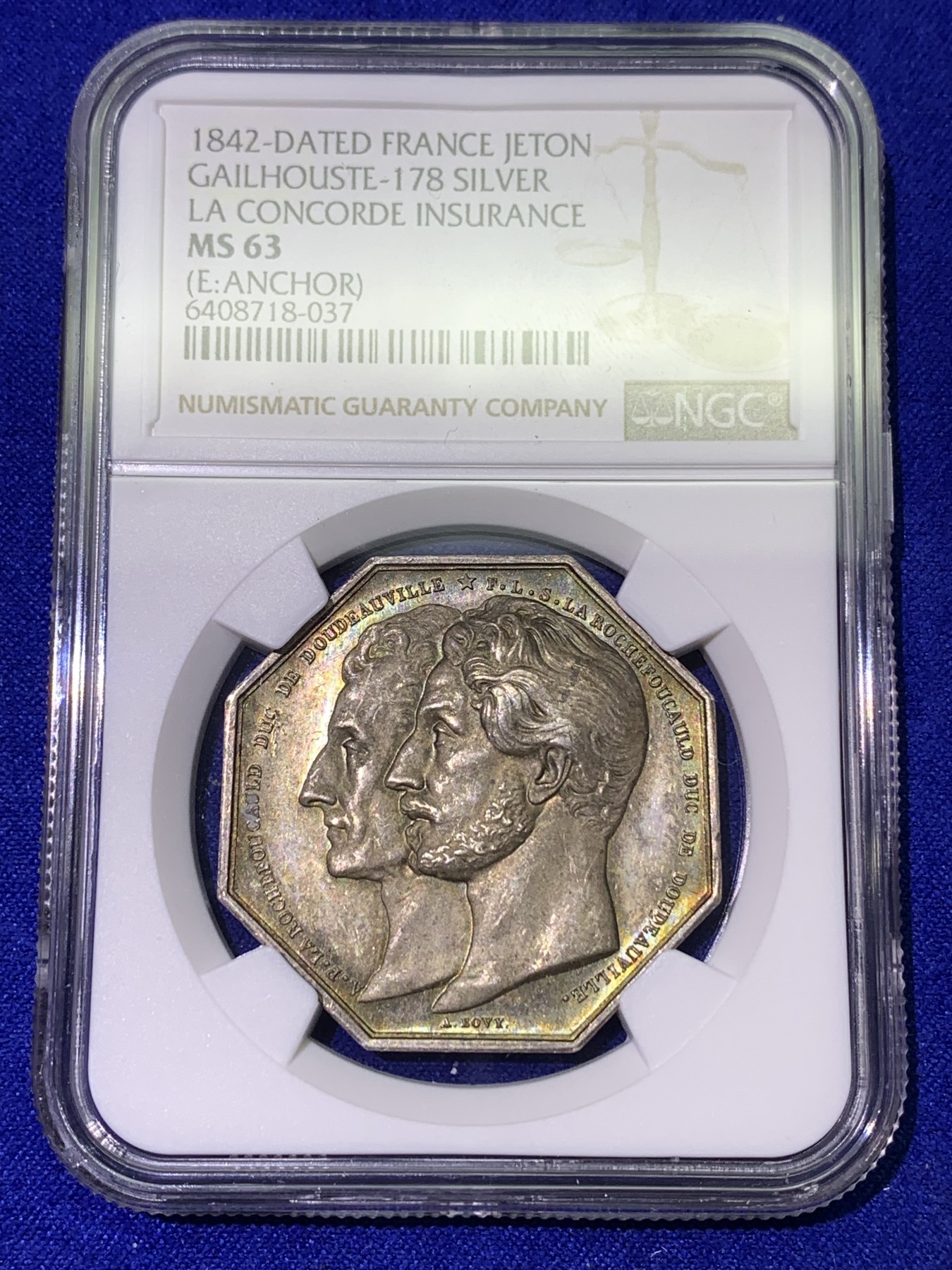 《竞宝斋》八角代币+章牌专场！第182场-周日，周一，周二 3场 (全场包邮) NGC-MS63法国人寿互助有限公司八角银质代币，拉罗什福科两兄弟侧面像，少见的船锚边铭（1841-1842），瑞士名家Bovy作品